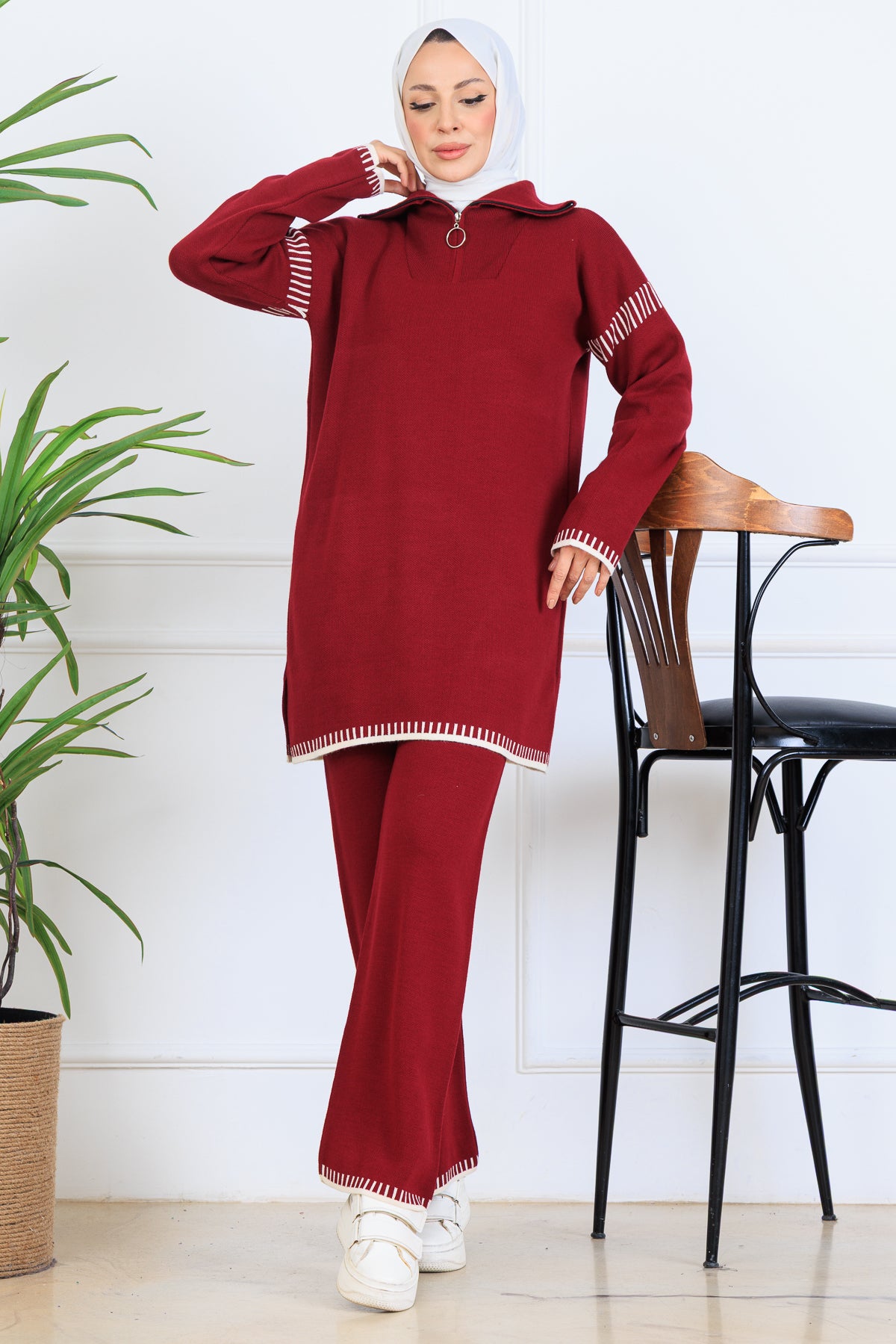 Zippered Collar Stripe Detail Knitwear Suit by NEOMODEST