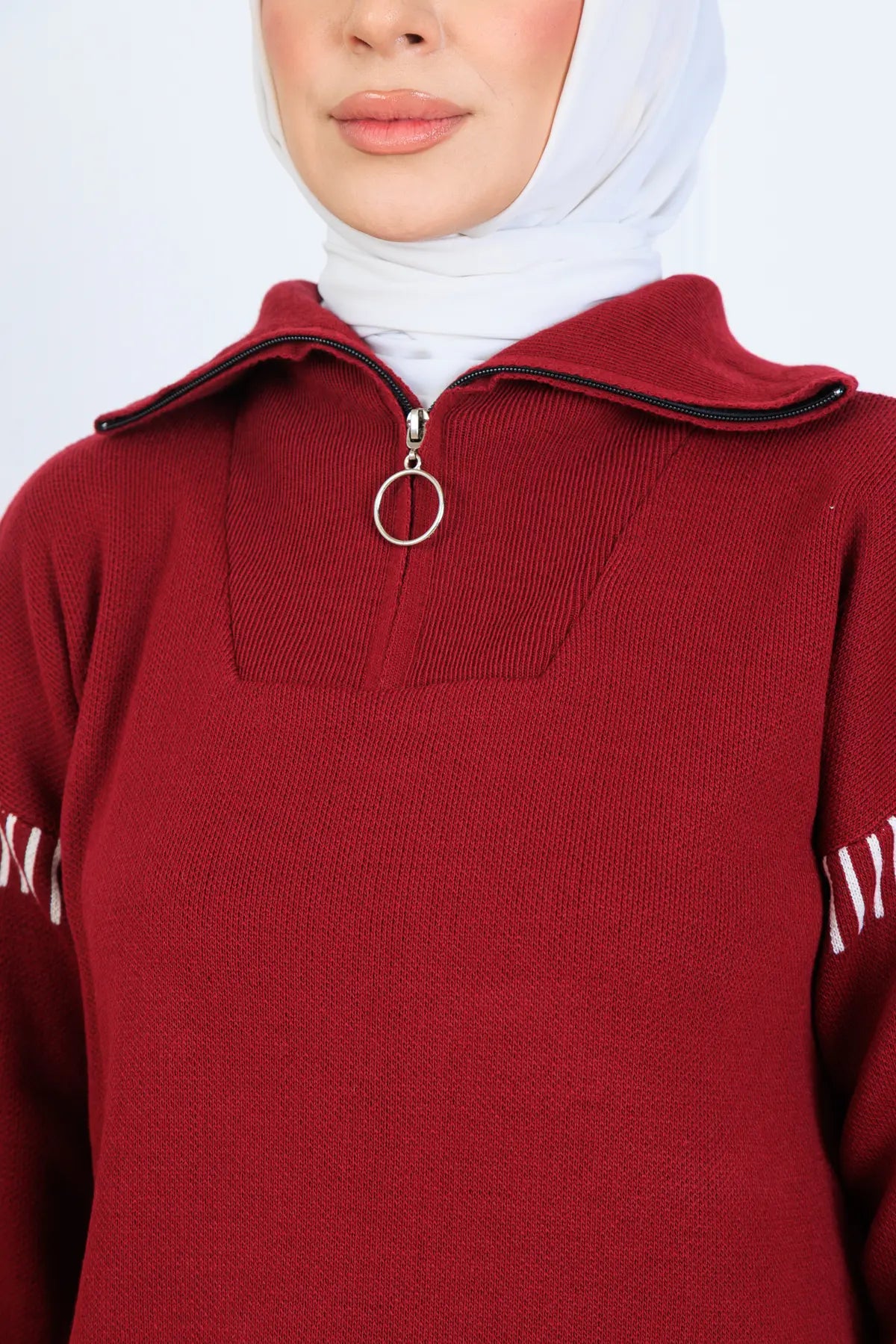 Zippered Collar Stripe Detail Knitwear Suit, view 3