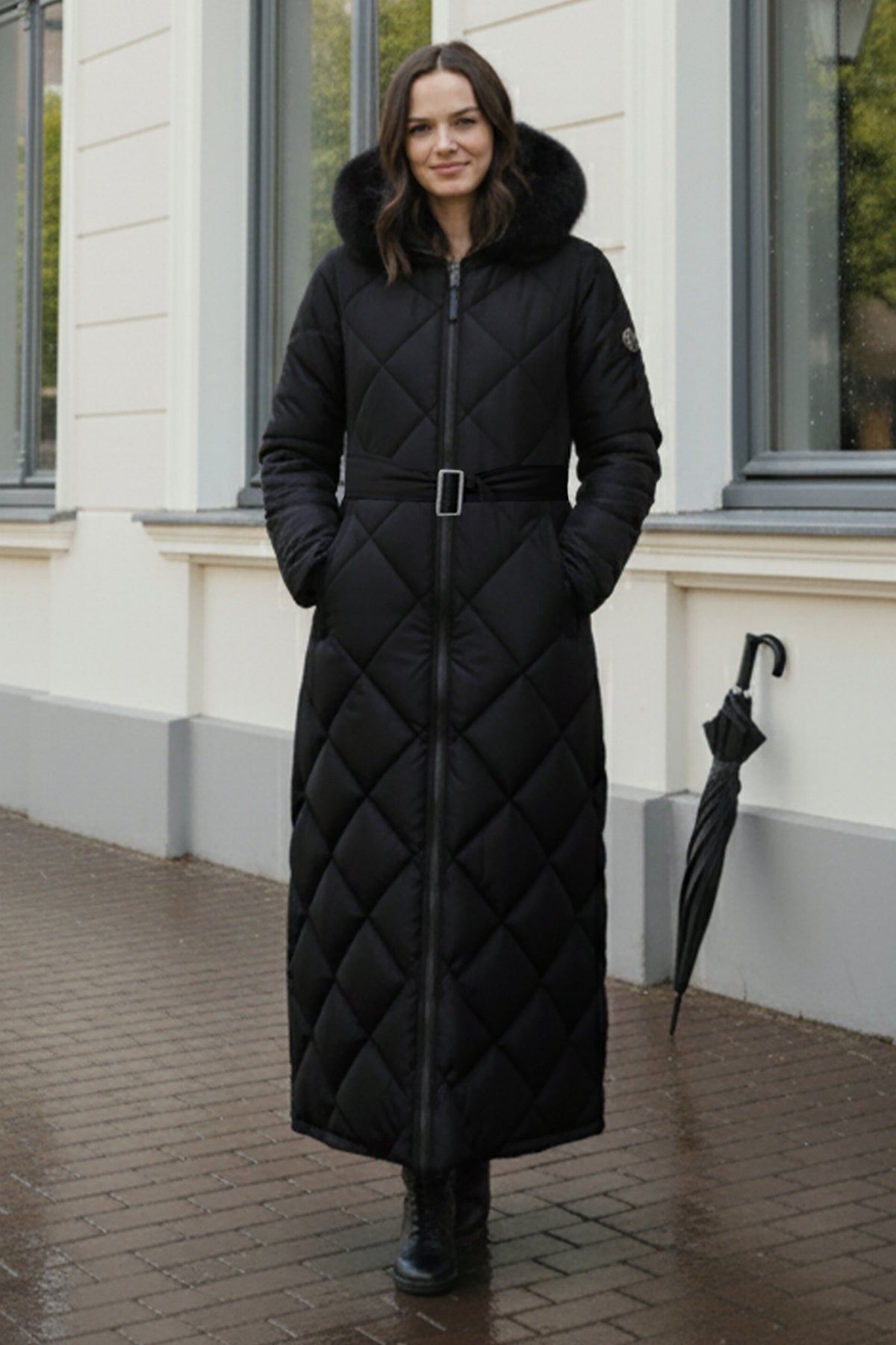 Shiny Quilted Belted Long Coat by NEOMODEST