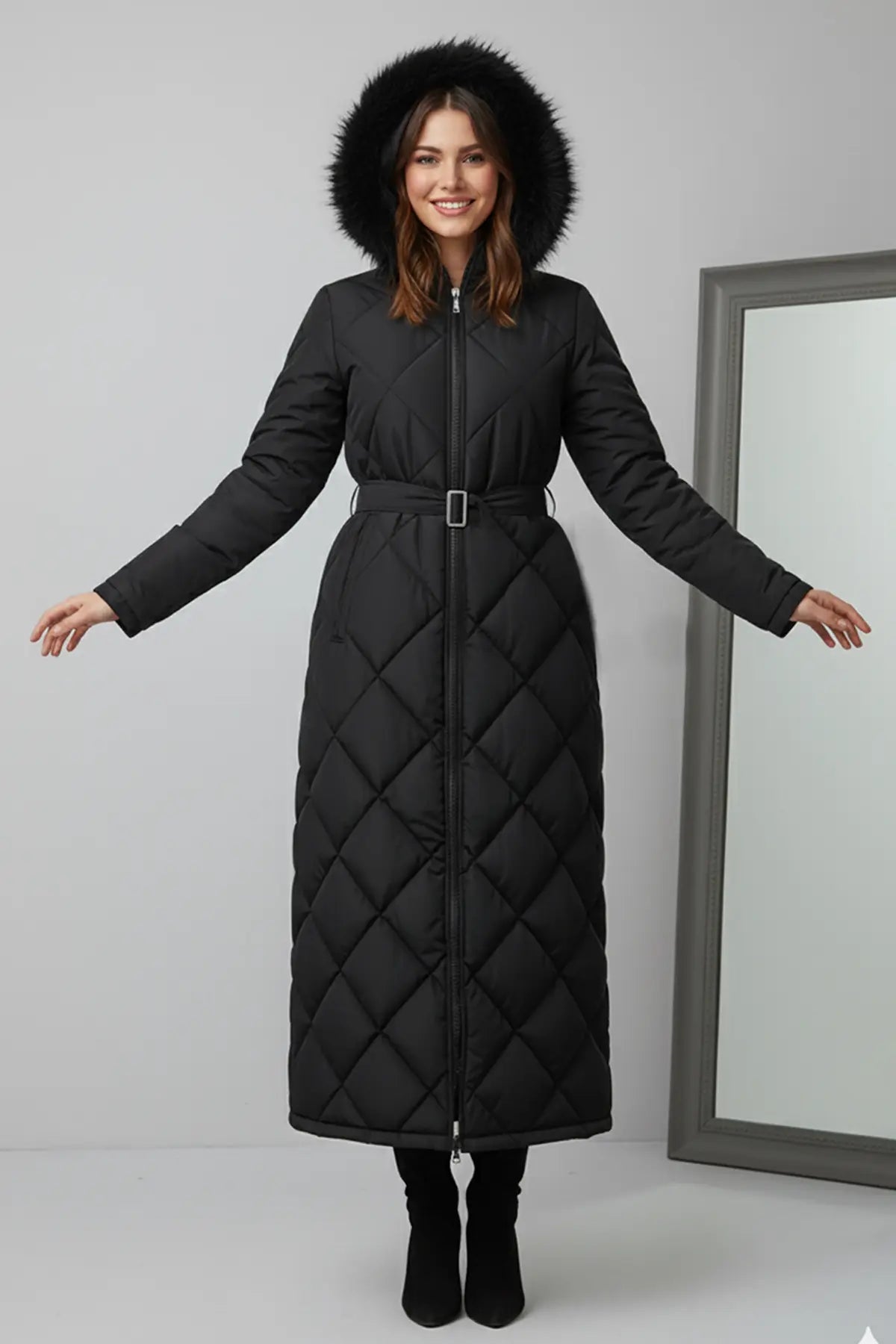 Shiny Quilted Belted Long Coat, view 2