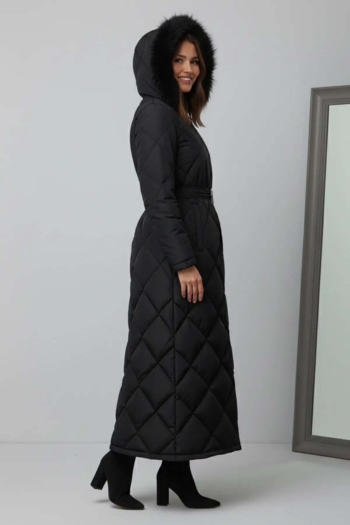 Shiny Quilted Belted Long Coat, view 3