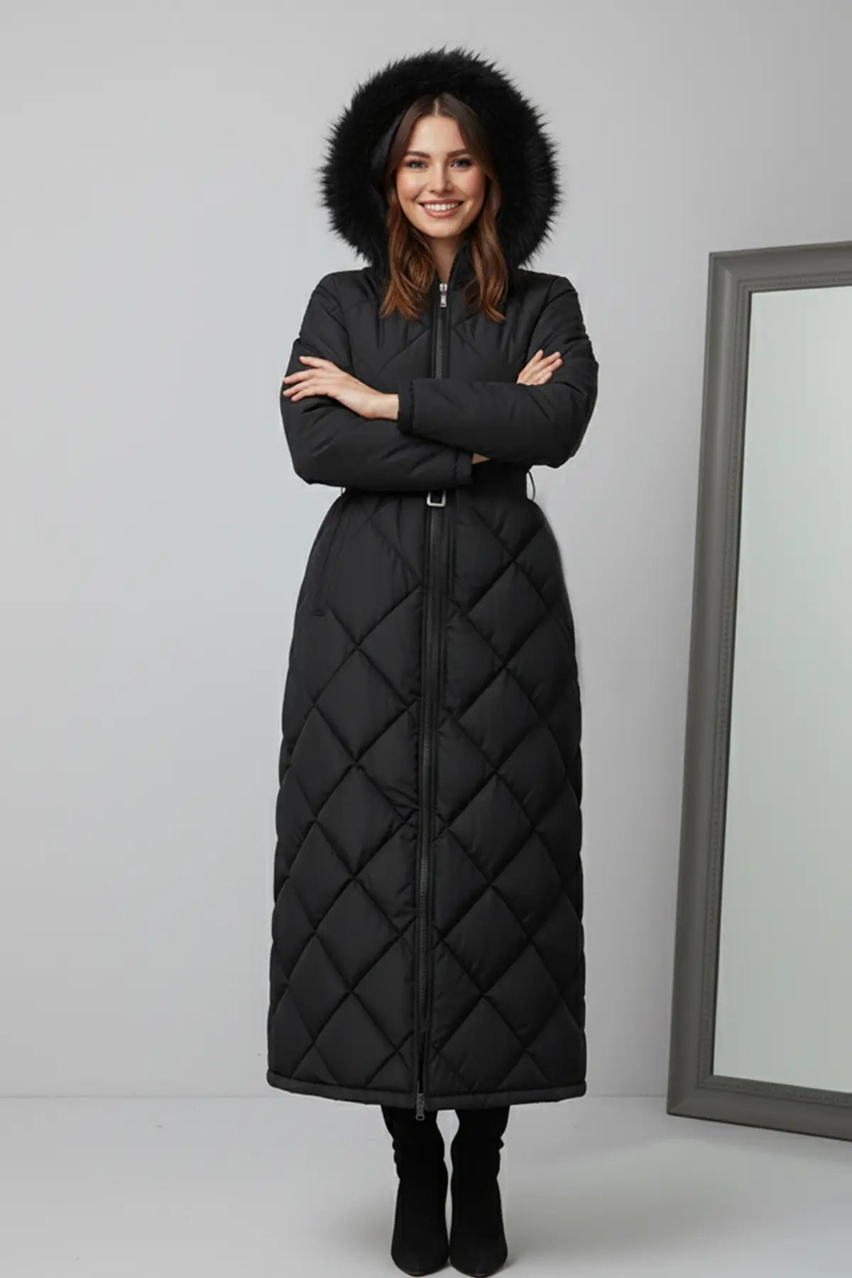 Shiny Quilted Belted Long Coat, view 4