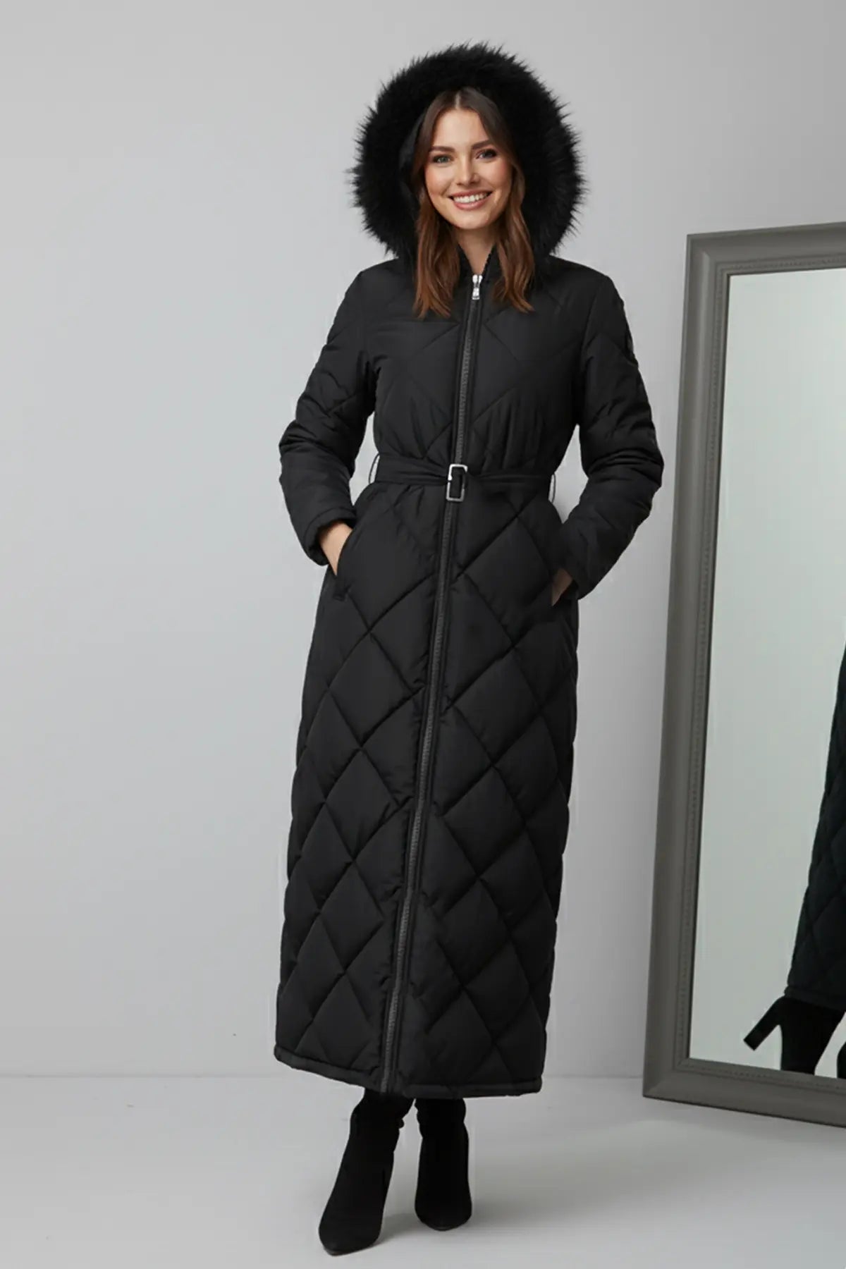 Shiny Quilted Belted Long Coat, view 5