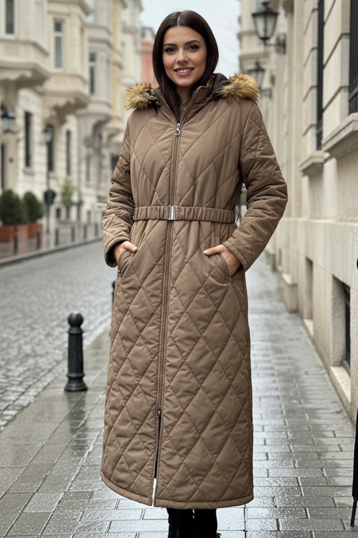 Shiny Quilted Belted Long Coat by NEOMODEST