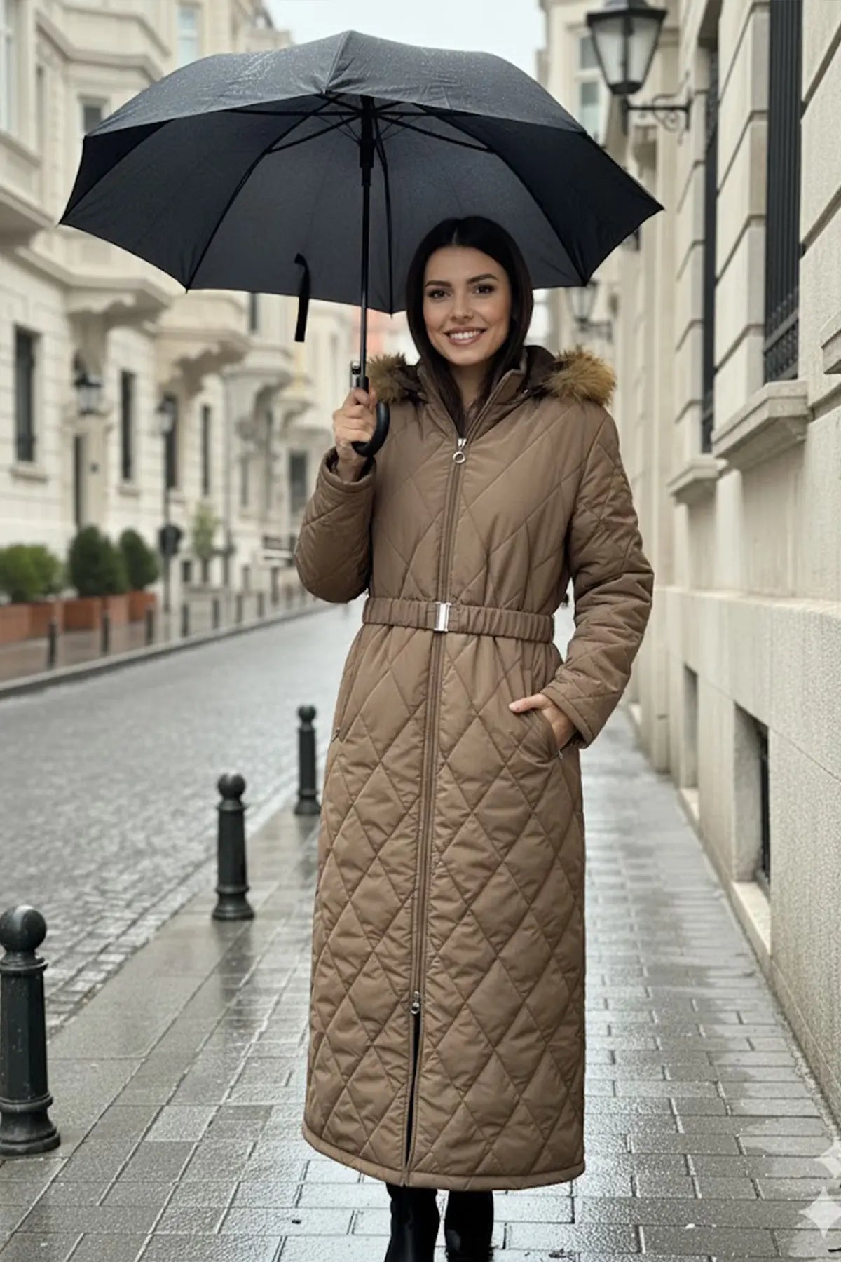 Shiny Quilted Belted Long Coat, view 2