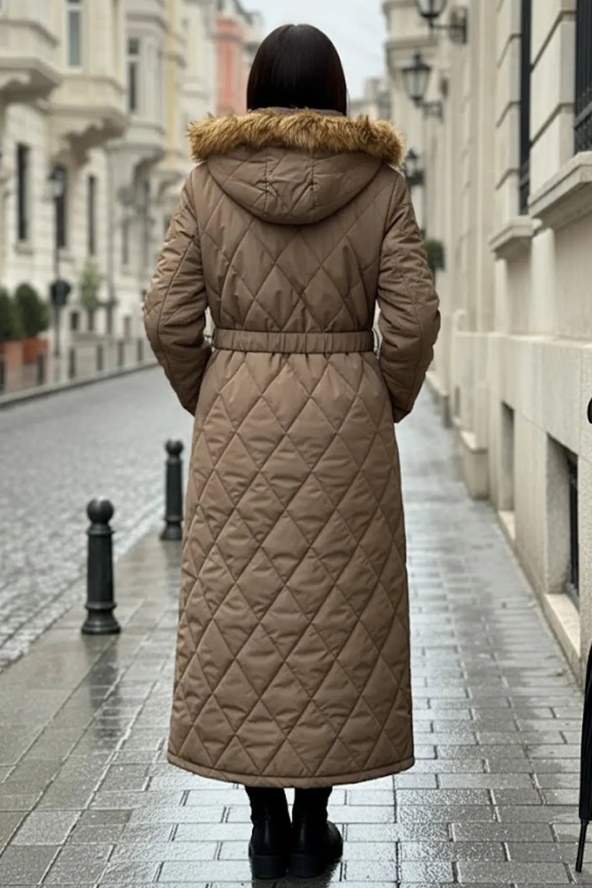 Shiny Quilted Belted Long Coat, view 3