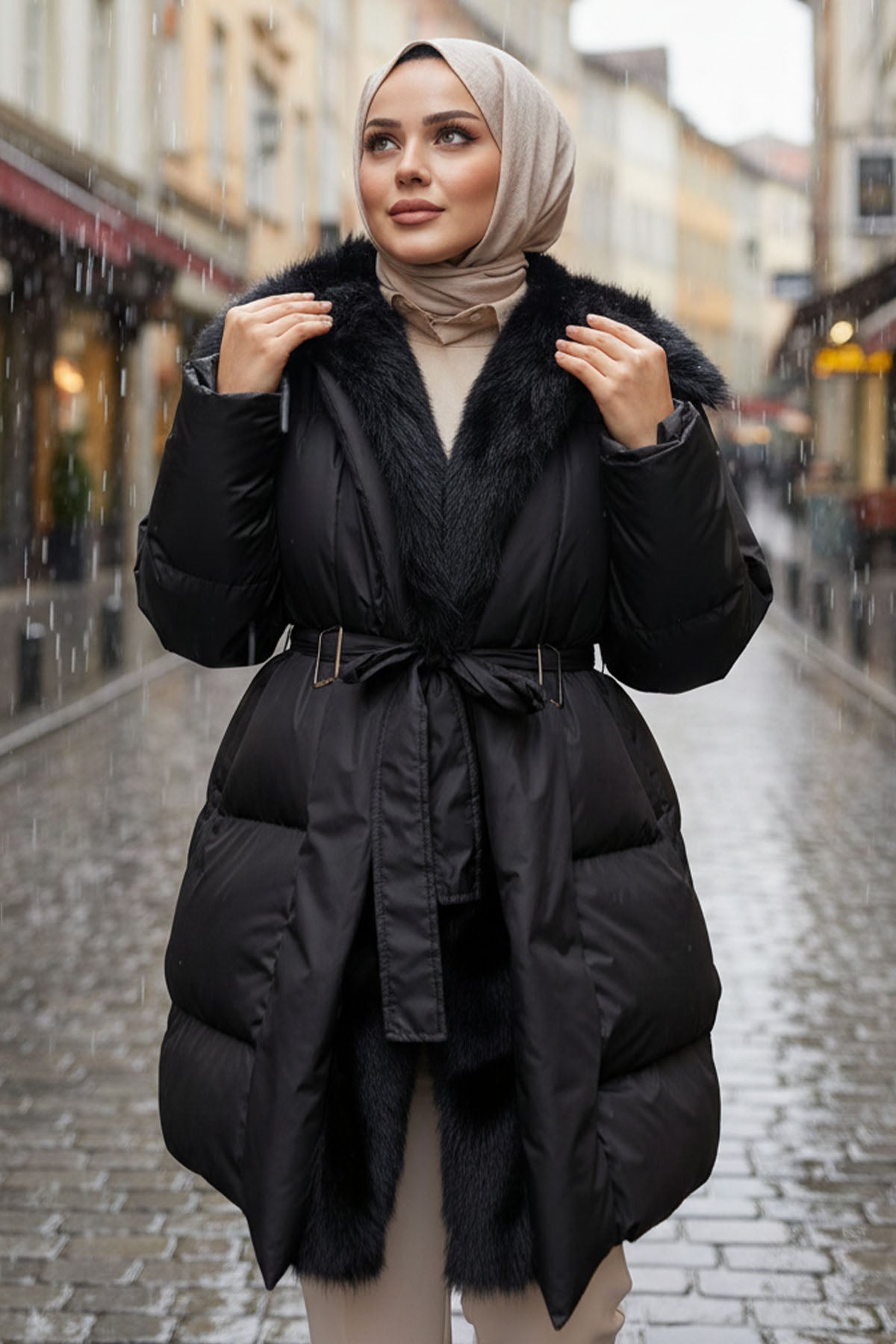Fur Detailed Belted Coat by NEOMODEST