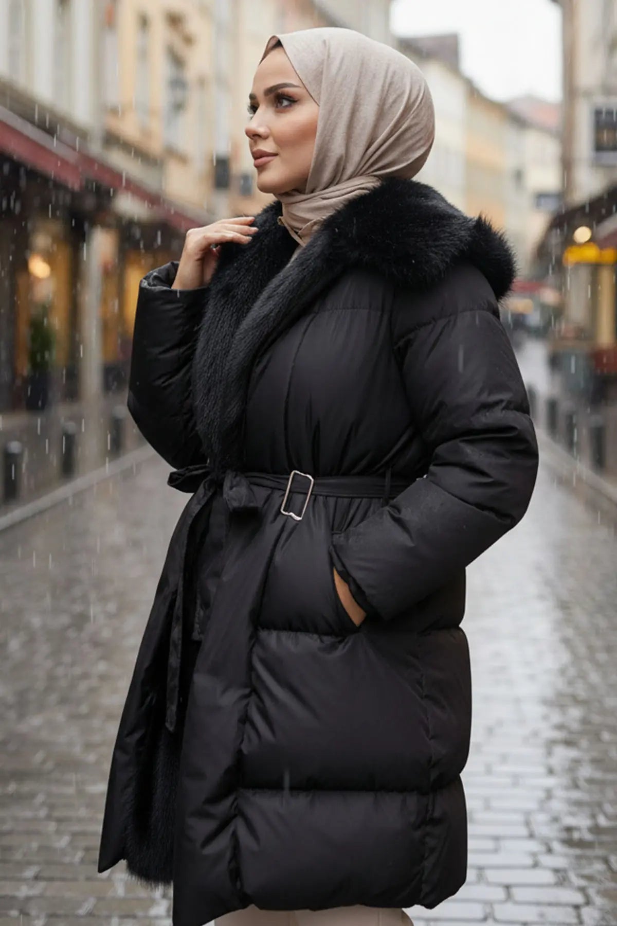 Fur Detailed Belted Coat, view 2
