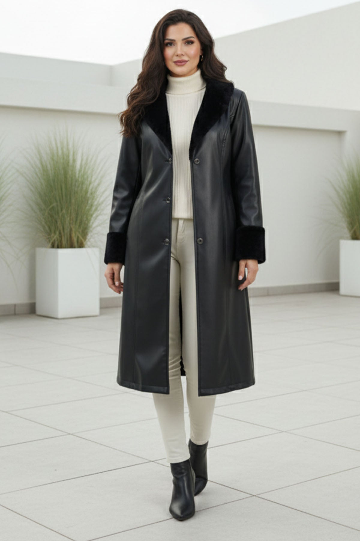 Leather Coat With Fur Detail On Collar And Sleeves by NEOMODEST