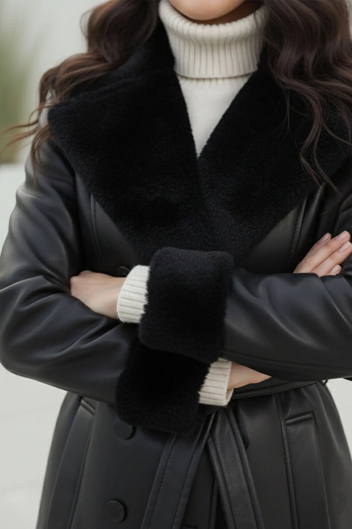 Leather Coat With Fur Detail On Collar And Sleeves, view 4