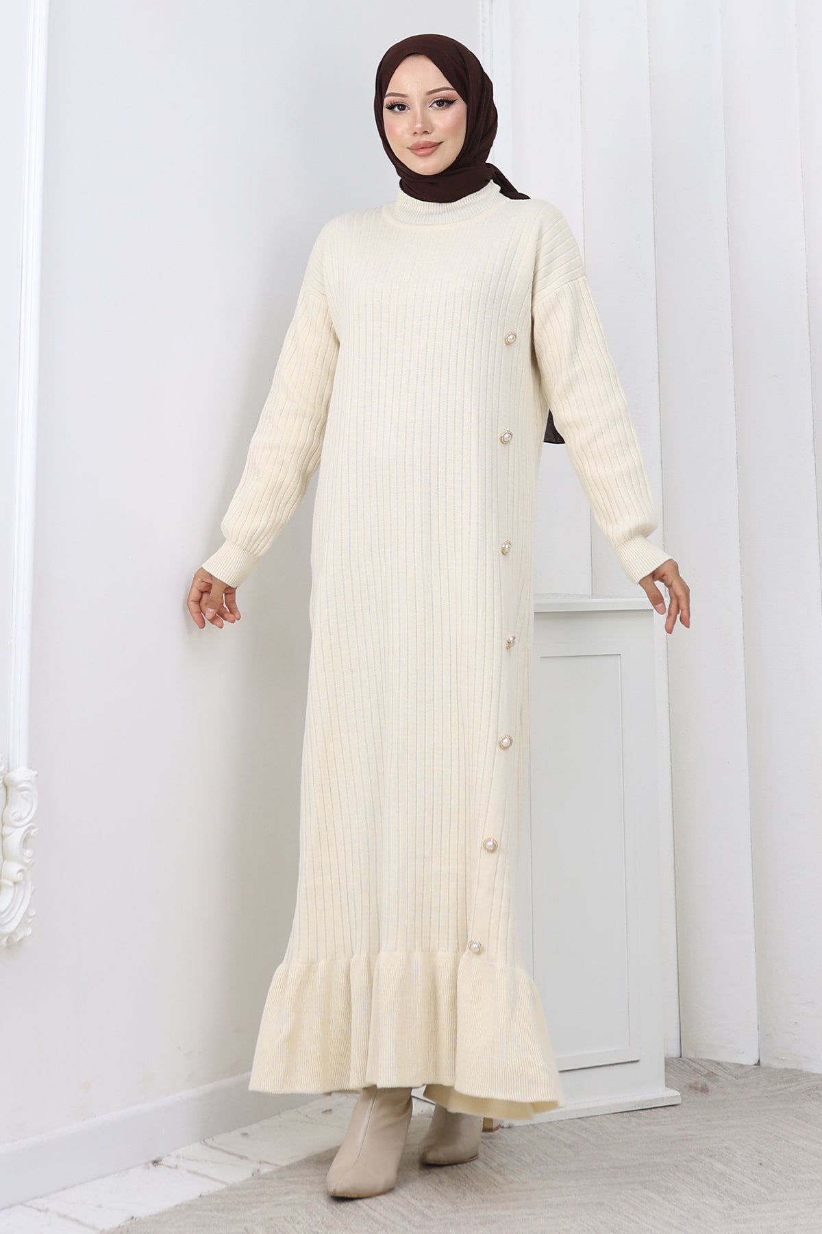 Side Button Ruffle Dress by NEOMODEST