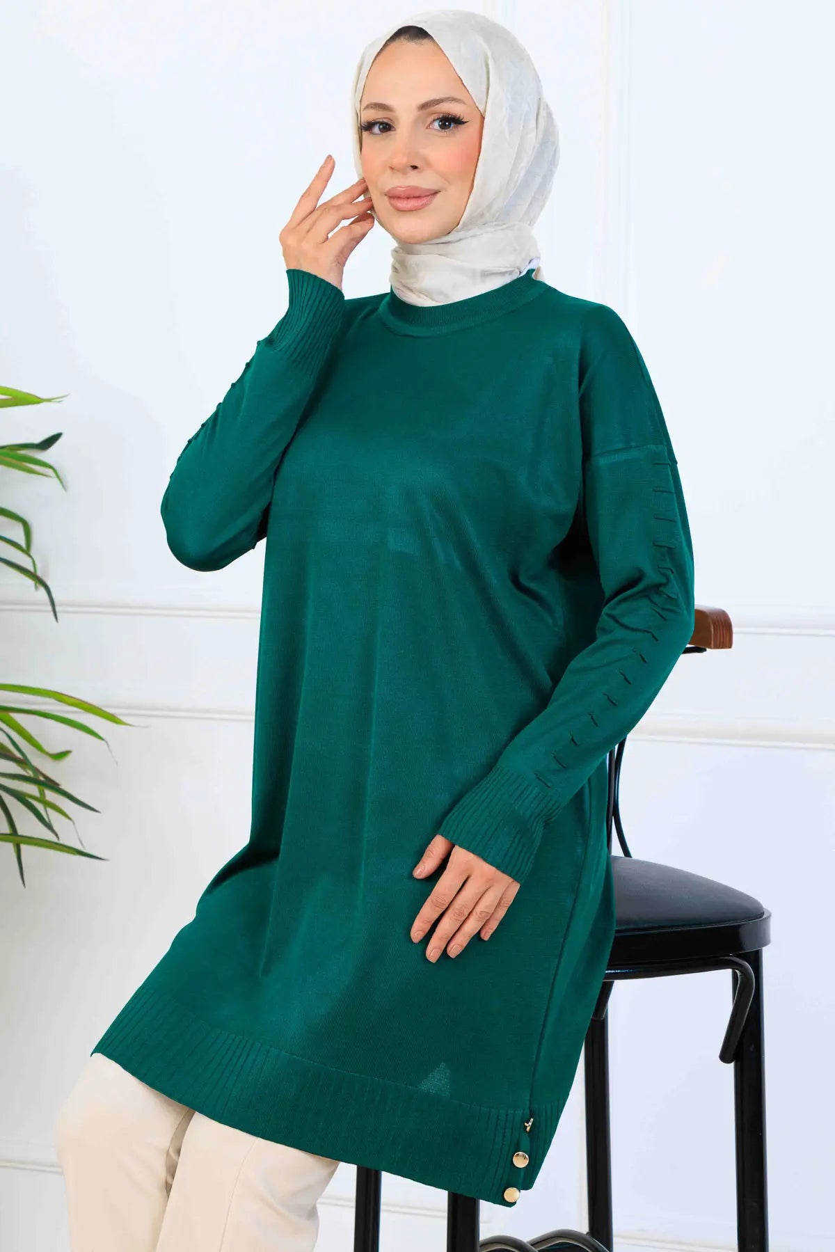 Mercerized Tunic With Patterned Sleeves, view 3