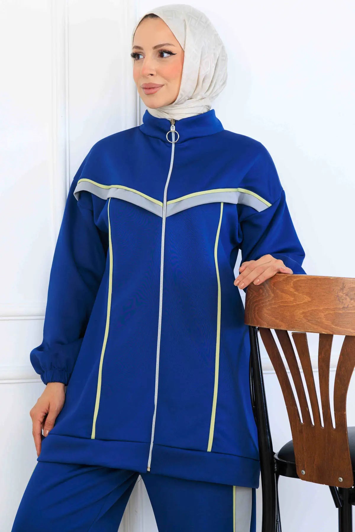 Striped Detailed Scuba Two Piece Suit, view 3