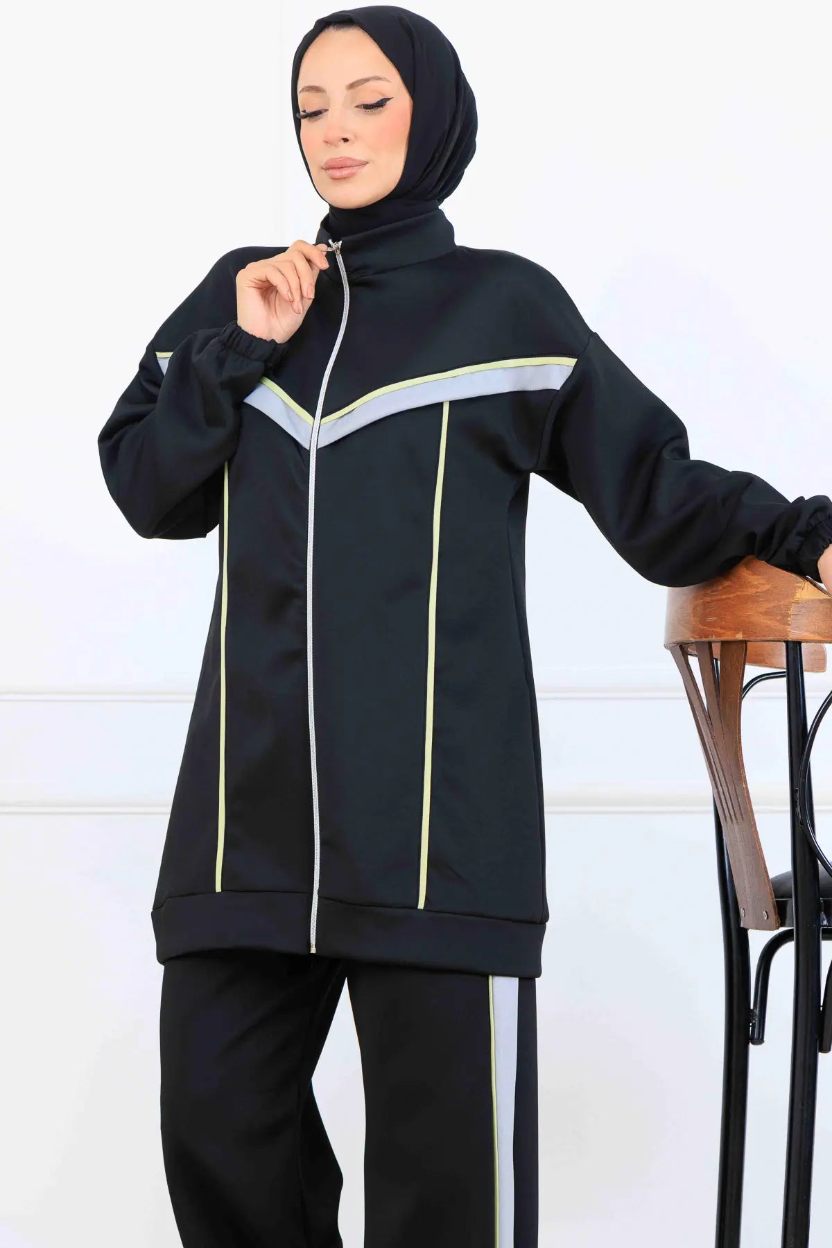 Striped Detailed Scuba Two Piece Suit, view 2