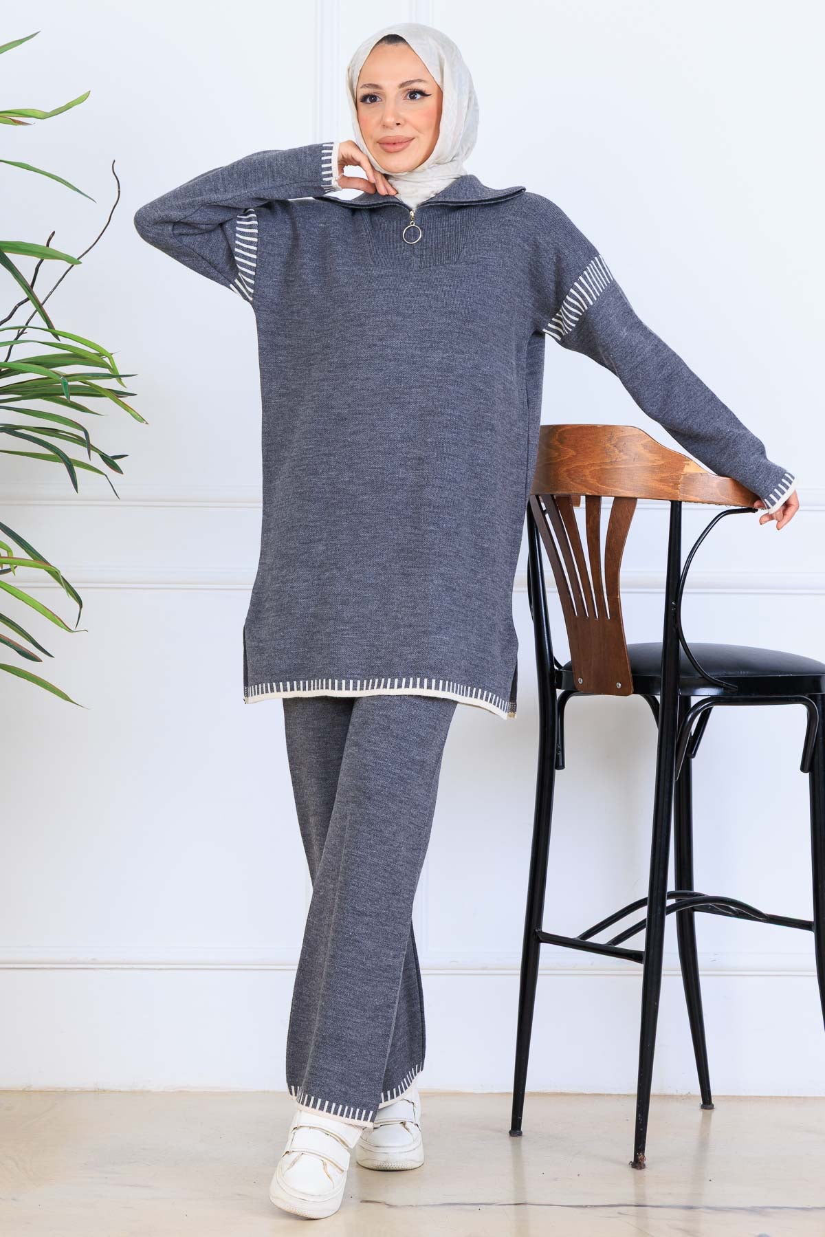 Zippered Collar Stripe-Detail Knitwear Suit by NEOMODEST