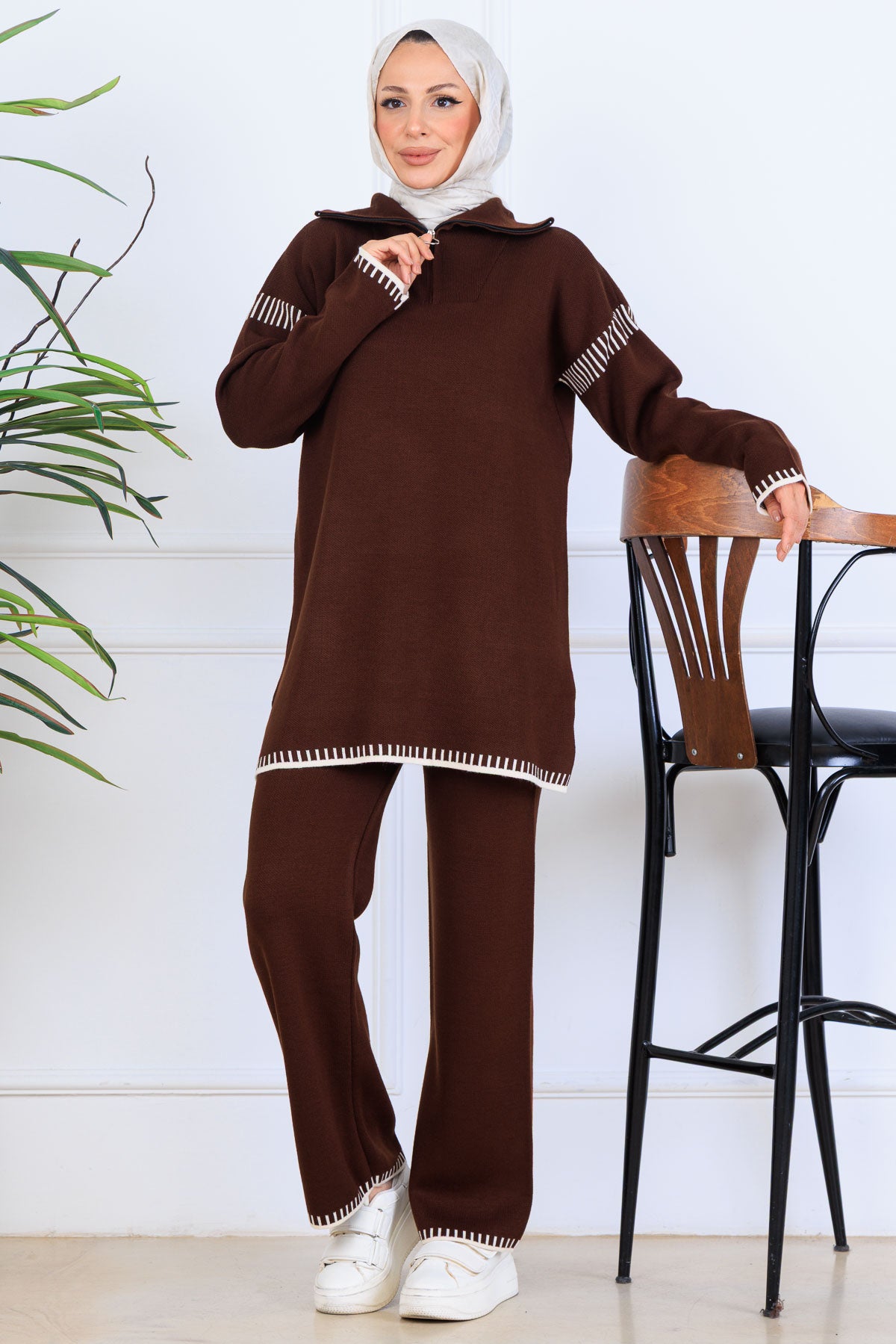 Zippered Collar Stripe-Detail Knitwear Suit by NEOMODEST