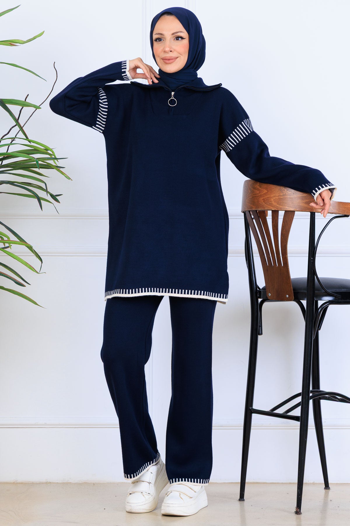 Zippered Collar Stripe-Detail Knitwear Suit by NEOMODEST