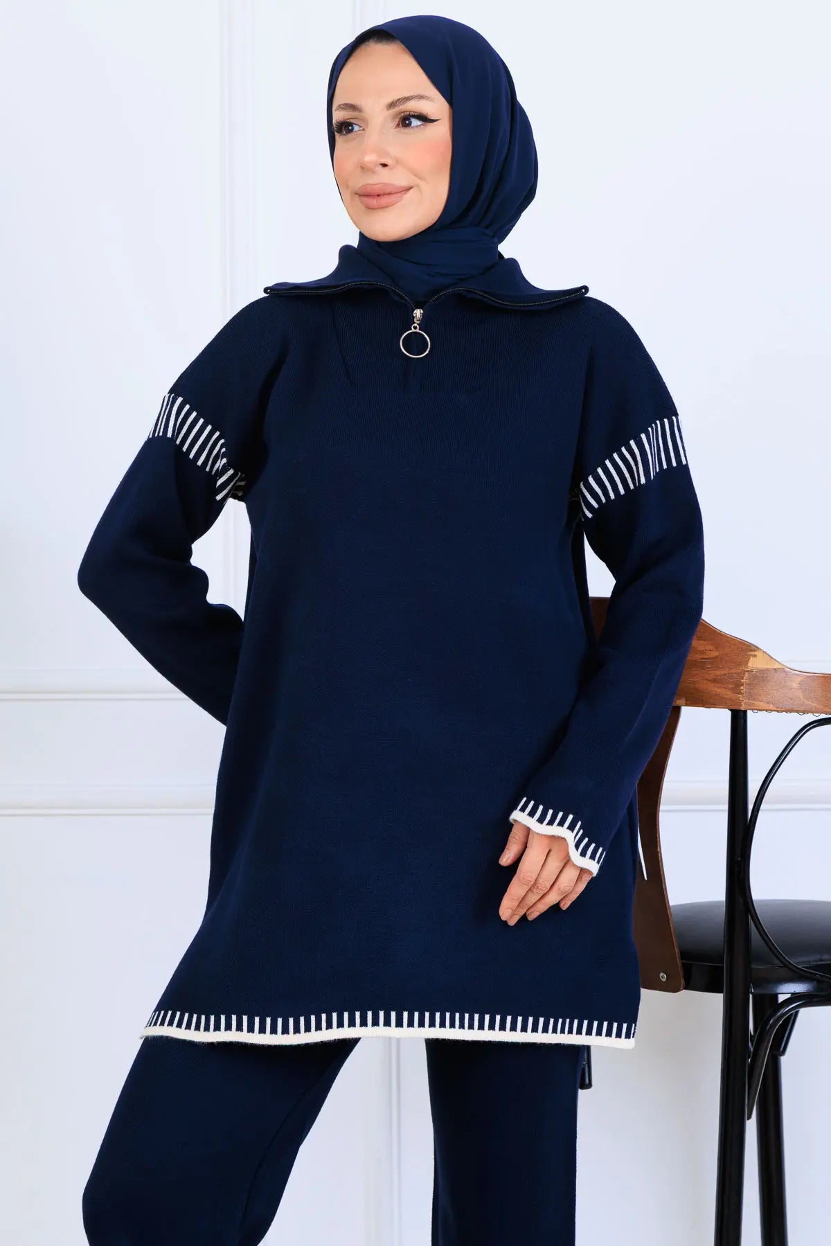 Zippered Collar Stripe-Detail Knitwear Suit, view 2