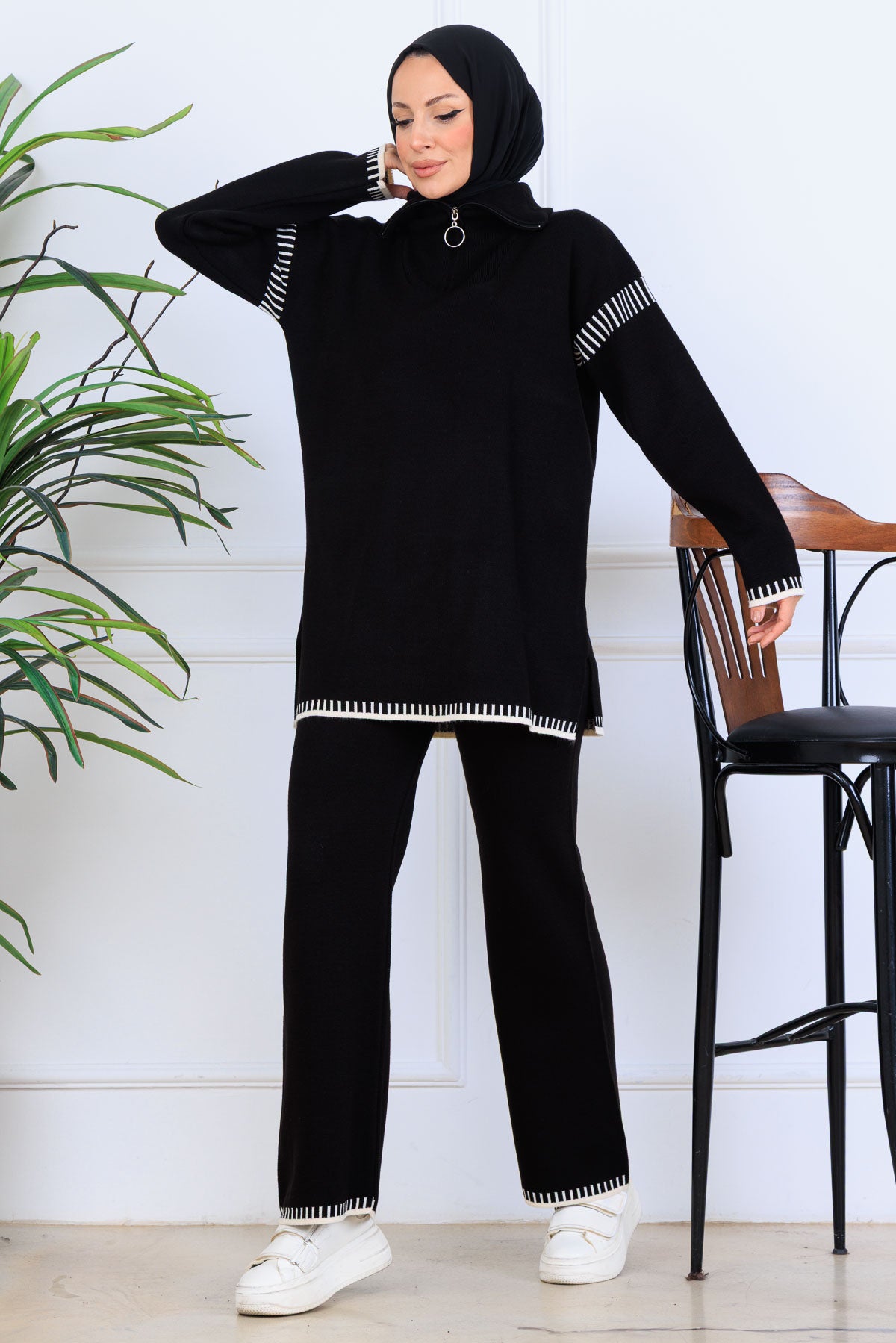 Zippered Collar Stripe-Detail Knitwear Suit by NEOMODEST