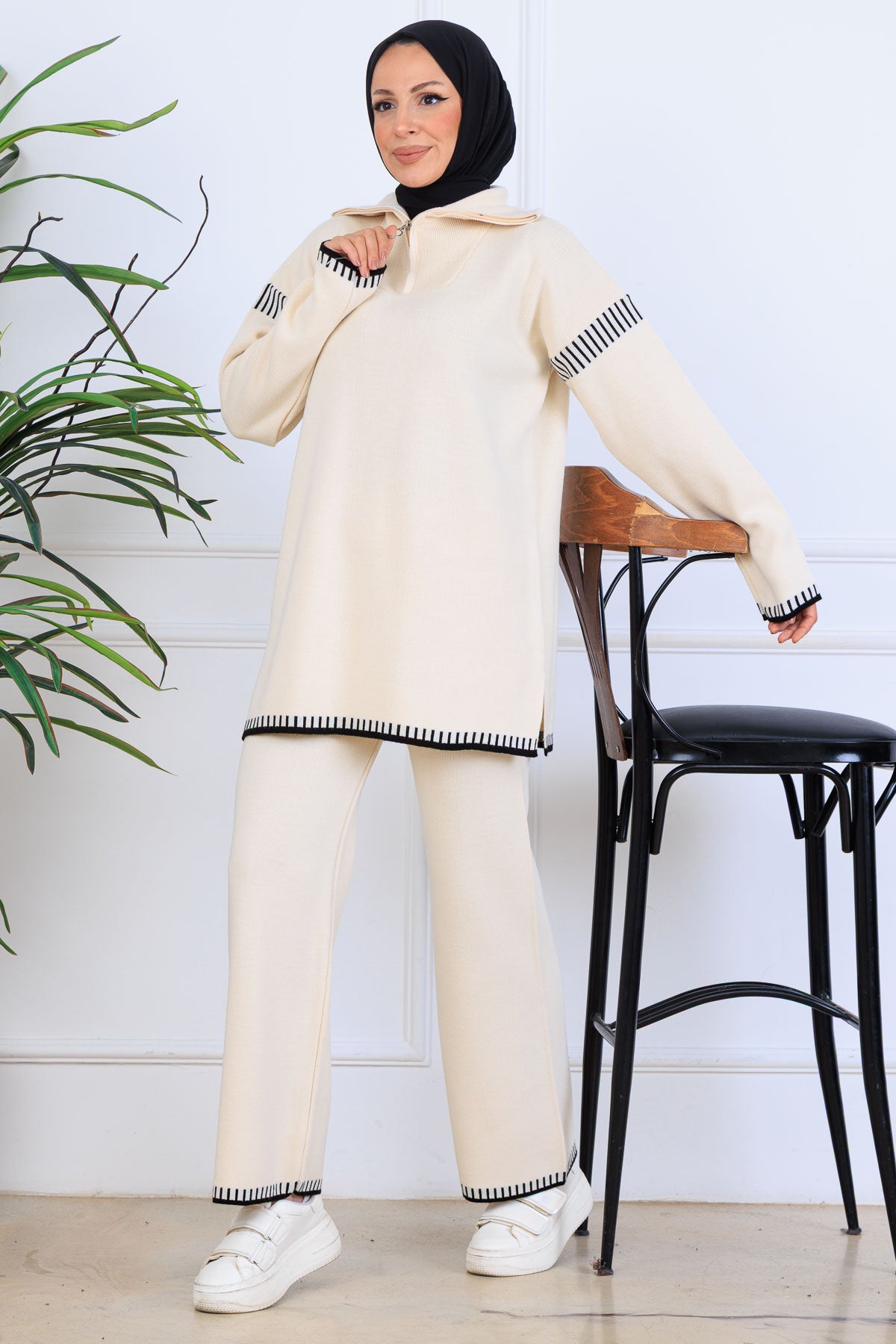 Zippered Collar Stripe-Detail Knitwear Suit by NEOMODEST