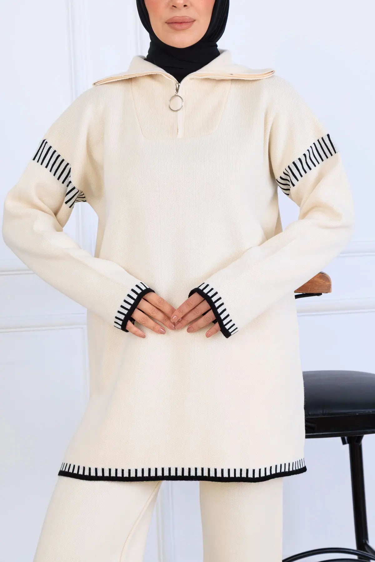 Zippered Collar Stripe-Detail Knitwear Suit, view 2