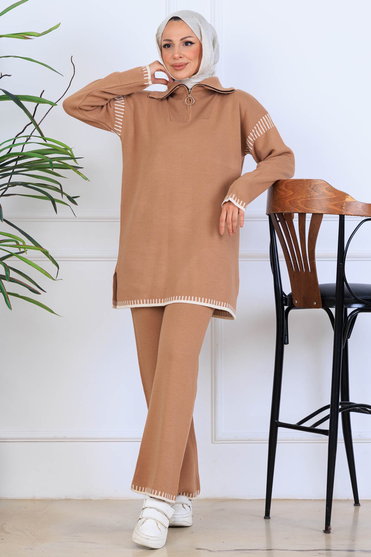 Zippered Collar Stripe-Detail Knitwear Suit by NEOMODEST