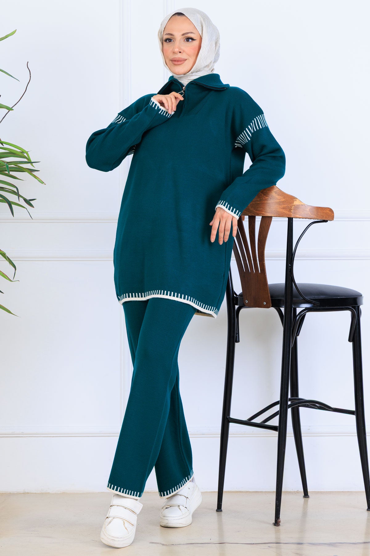 Zippered Collar Stripe-Detail Knitwear Suit by NEOMODEST