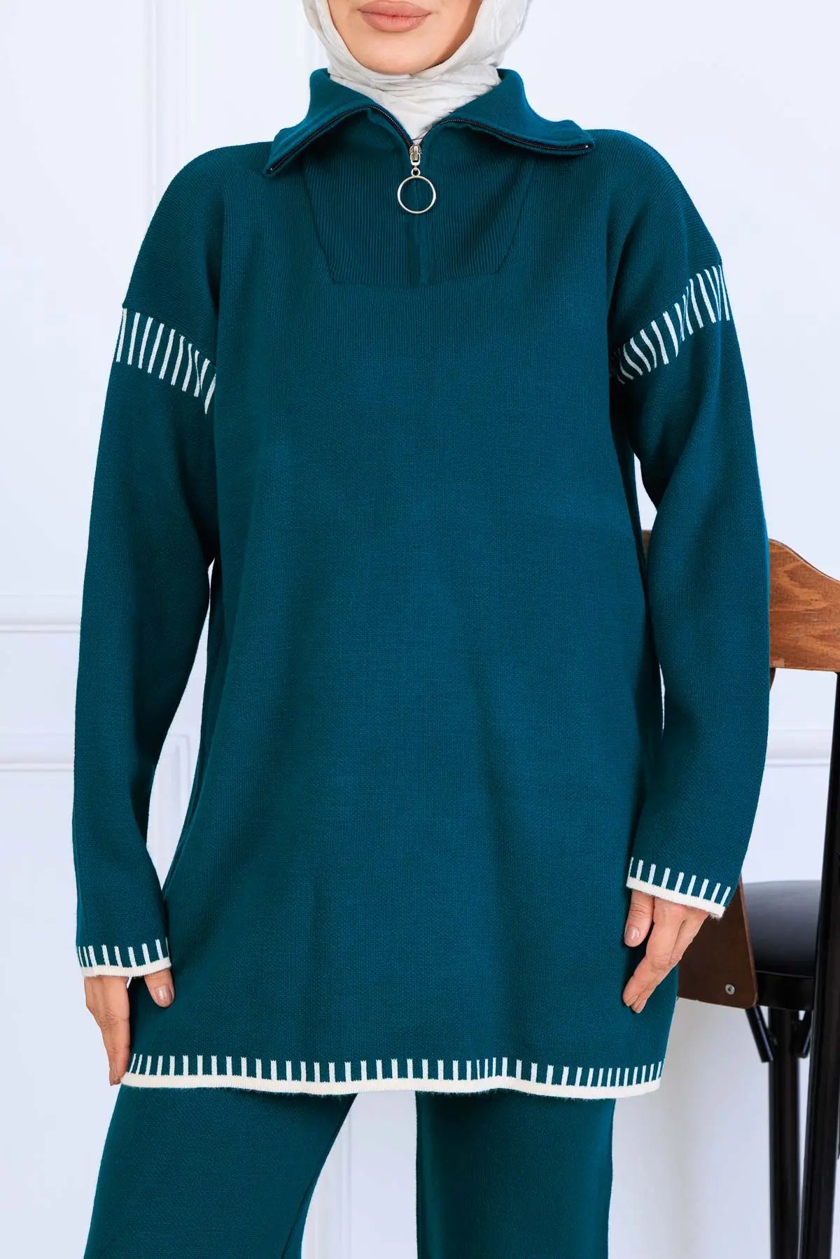 Zippered Collar Stripe-Detail Knitwear Suit, view 2