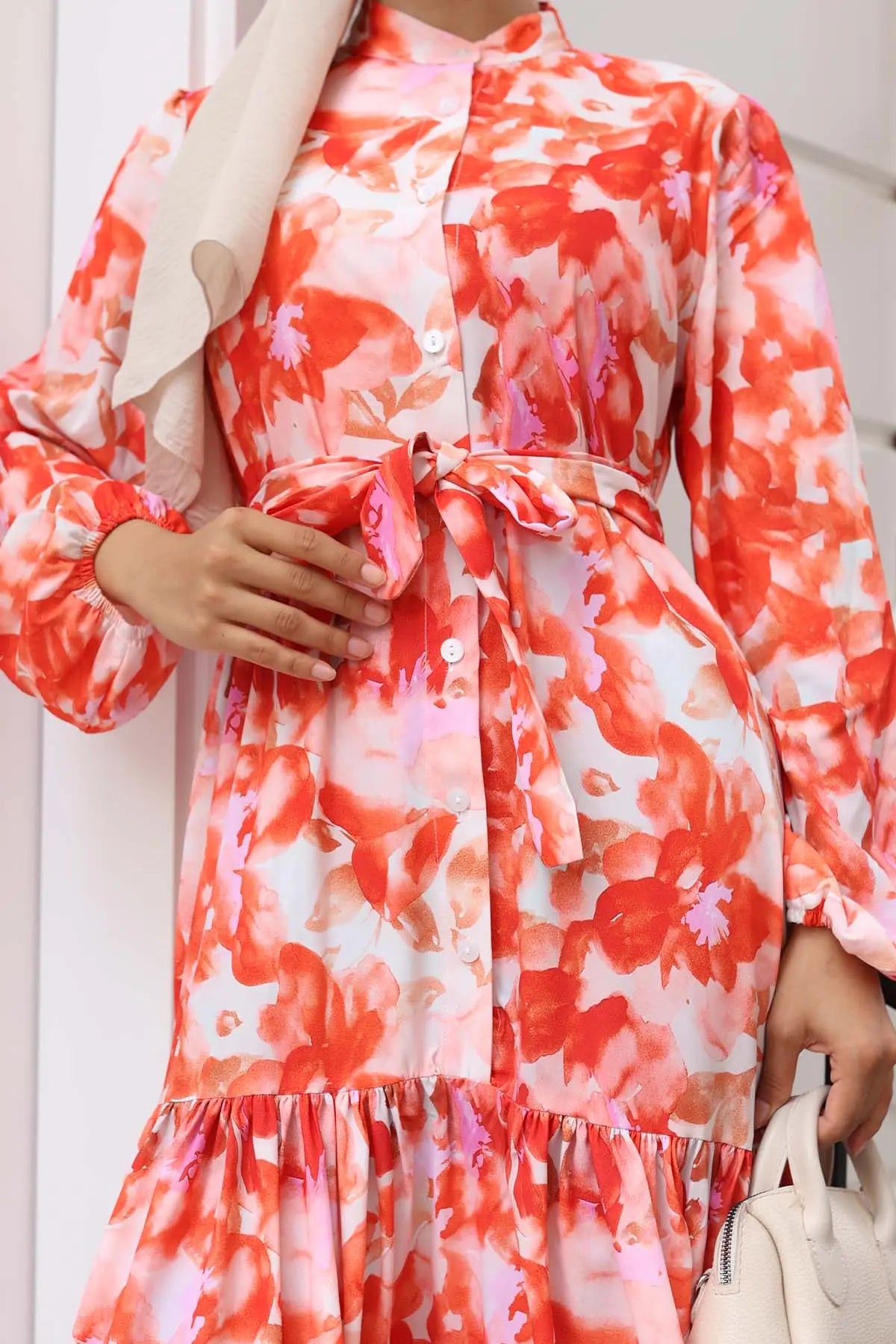 Floral Patterned Modest Dress-Red, view 4
