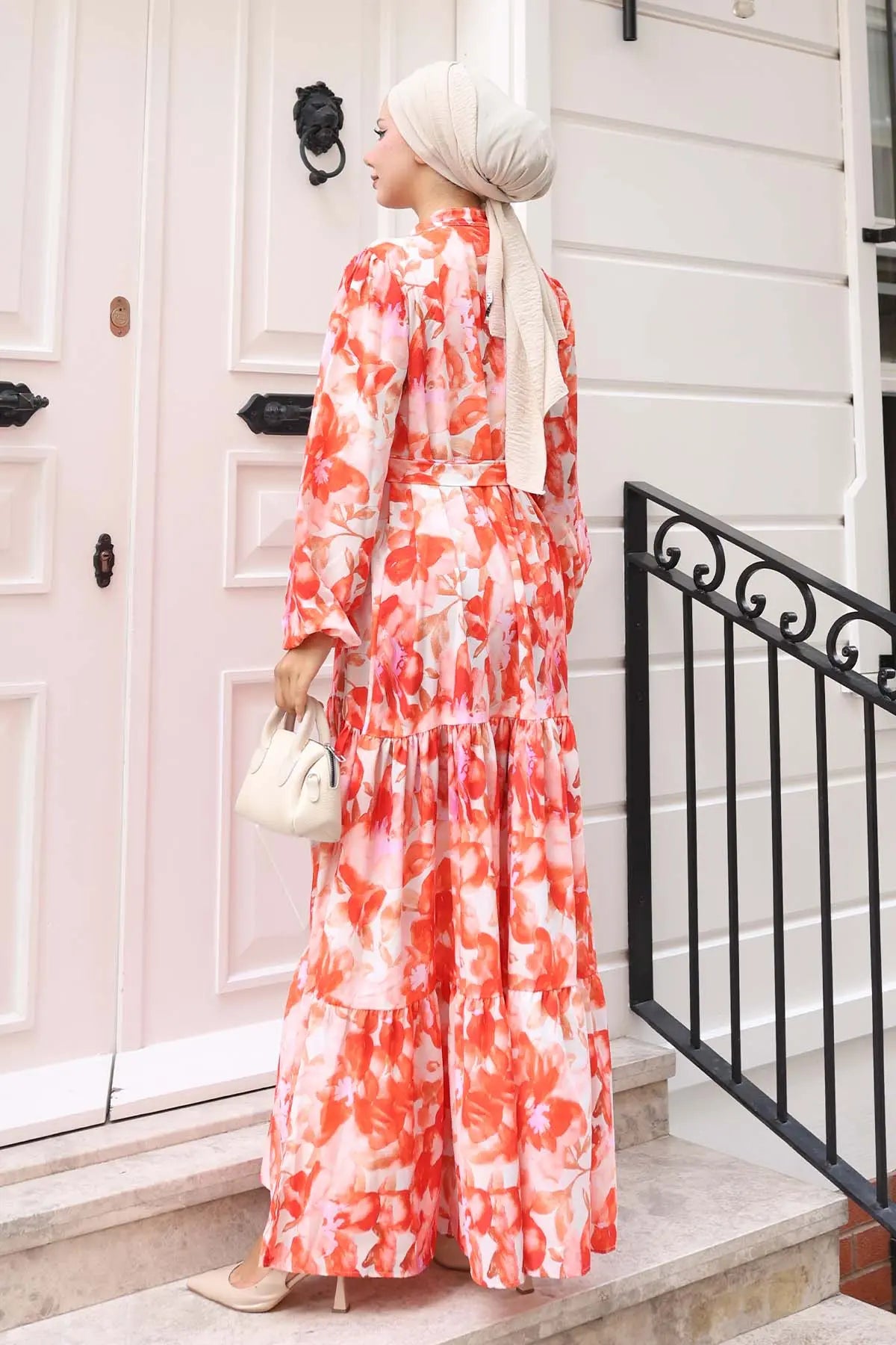 Floral Patterned Modest Dress-Red, view 5