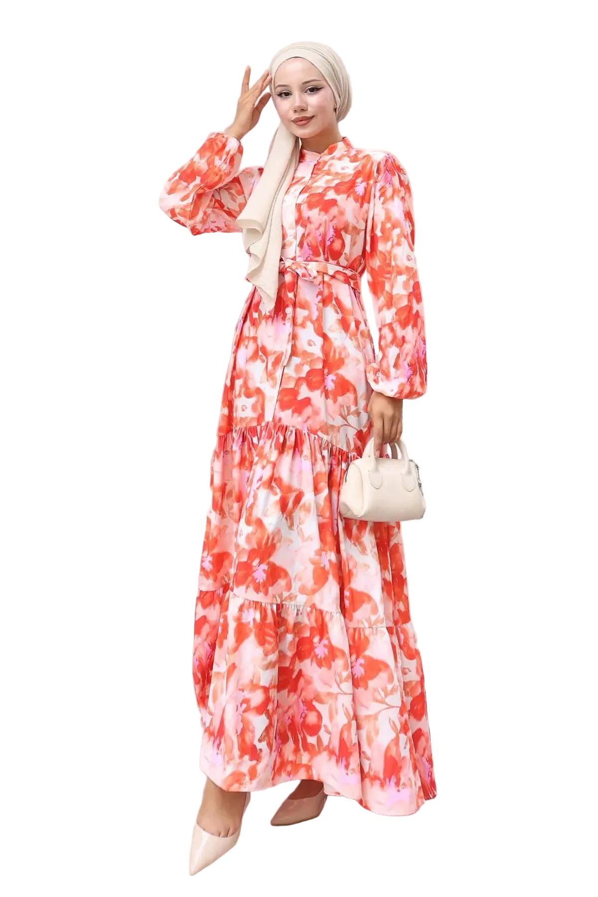 Floral Patterned Modest Dress-Red, view 6