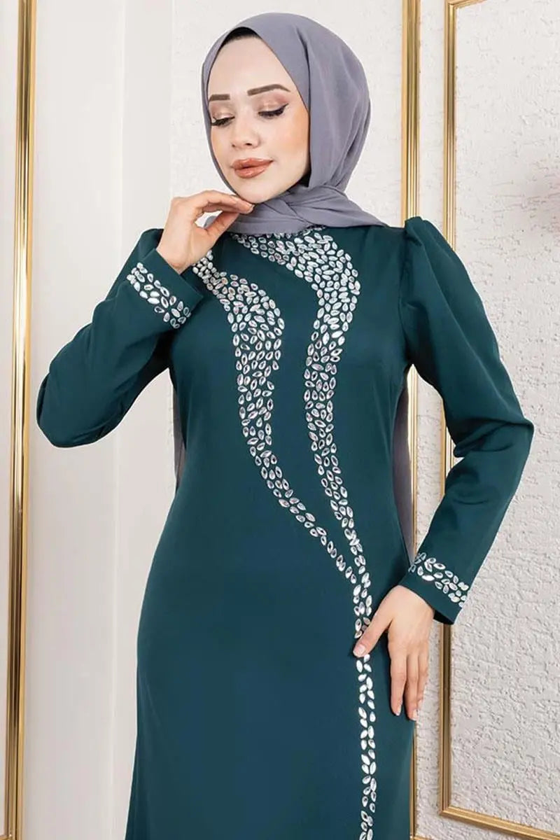 Crepe Emerald Evening Dress with Stone Detail, view 2