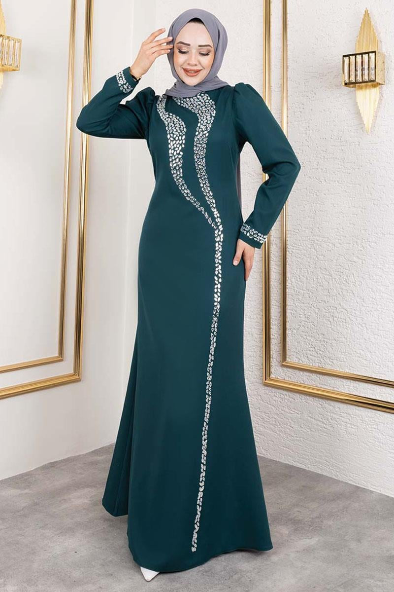 Crepe Emerald Evening Dress with Stone Detail, view 3