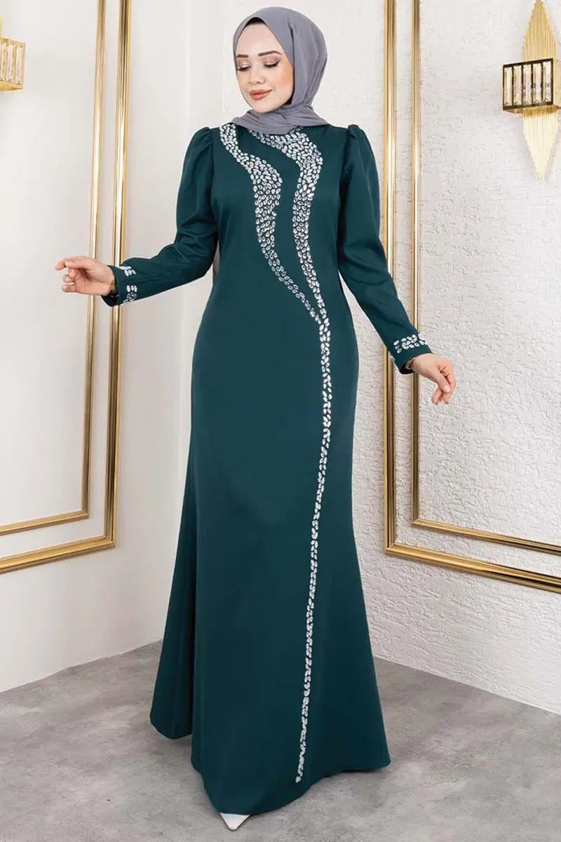 Crepe Emerald Evening Dress with Stone Detail, view 4
