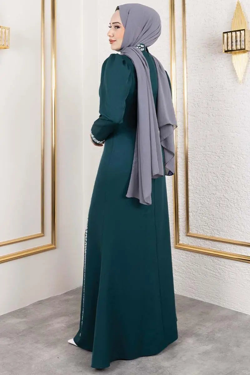 Crepe Emerald Evening Dress with Stone Detail, view 5