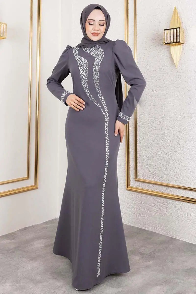 Crepe Evening Dress with Stone Detail, view 2