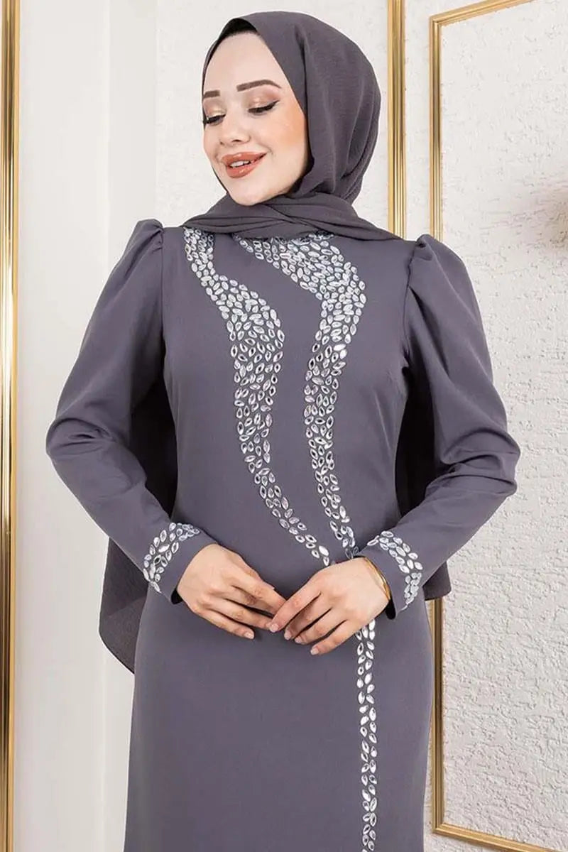 Crepe Evening Dress with Stone Detail, view 3