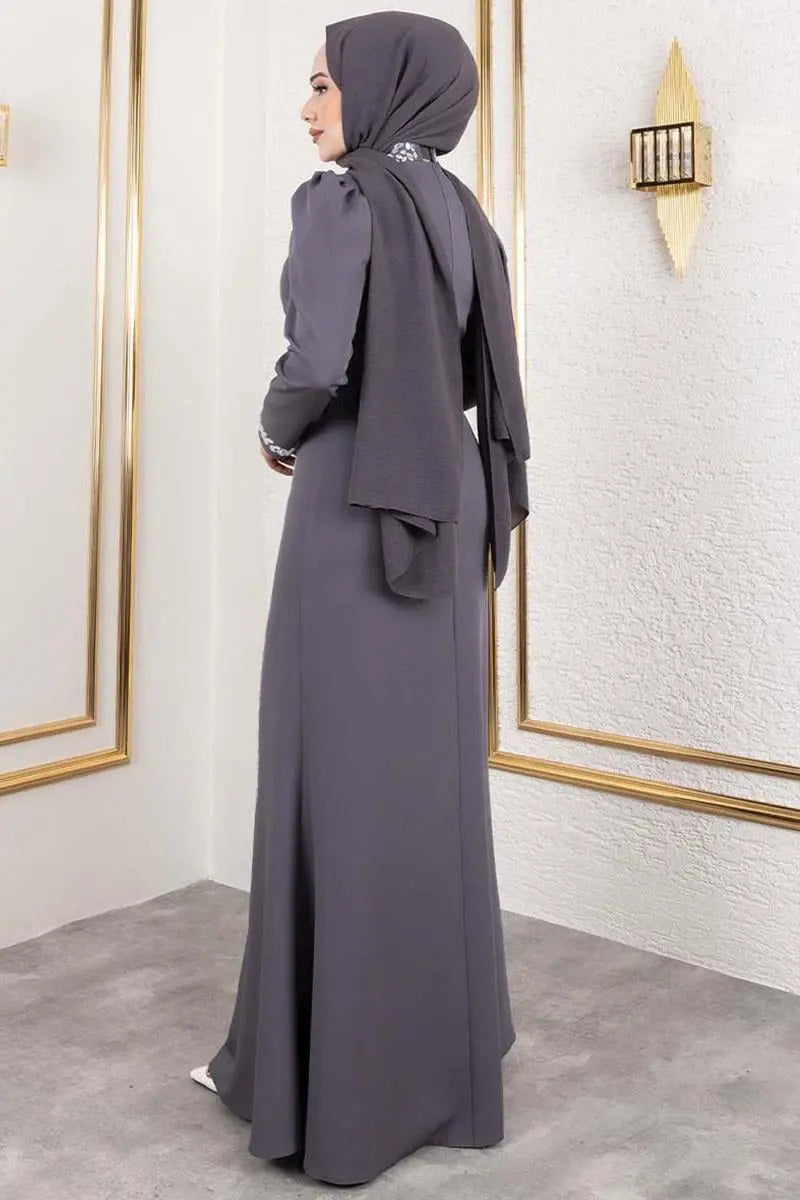 Crepe Evening Dress with Stone Detail, view 4