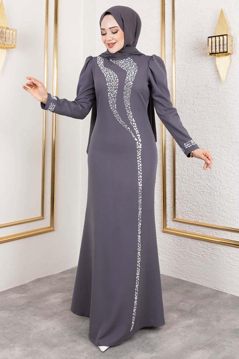 Crepe Evening Dress with Stone Detail, view 5
