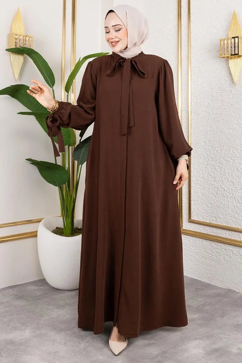 Laced Cuff Dress Abaya-Brown, view 2