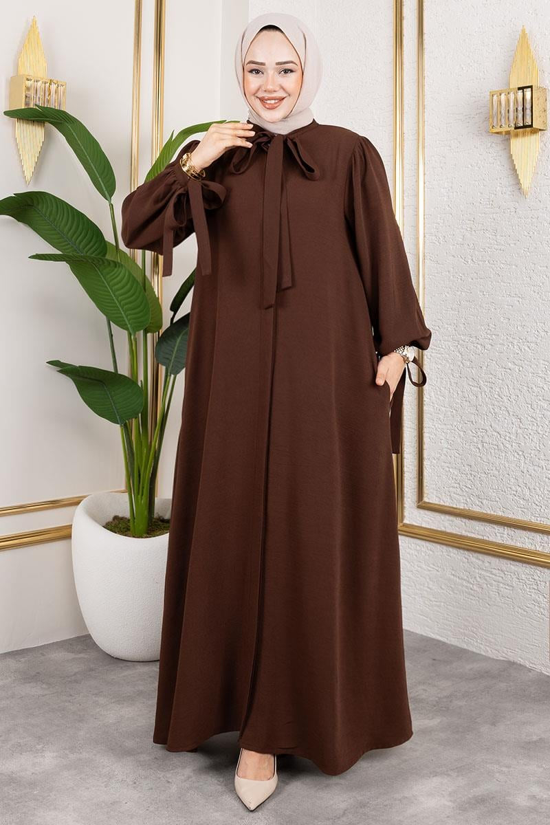 Laced Cuff Dress Abaya-Brown, view 4