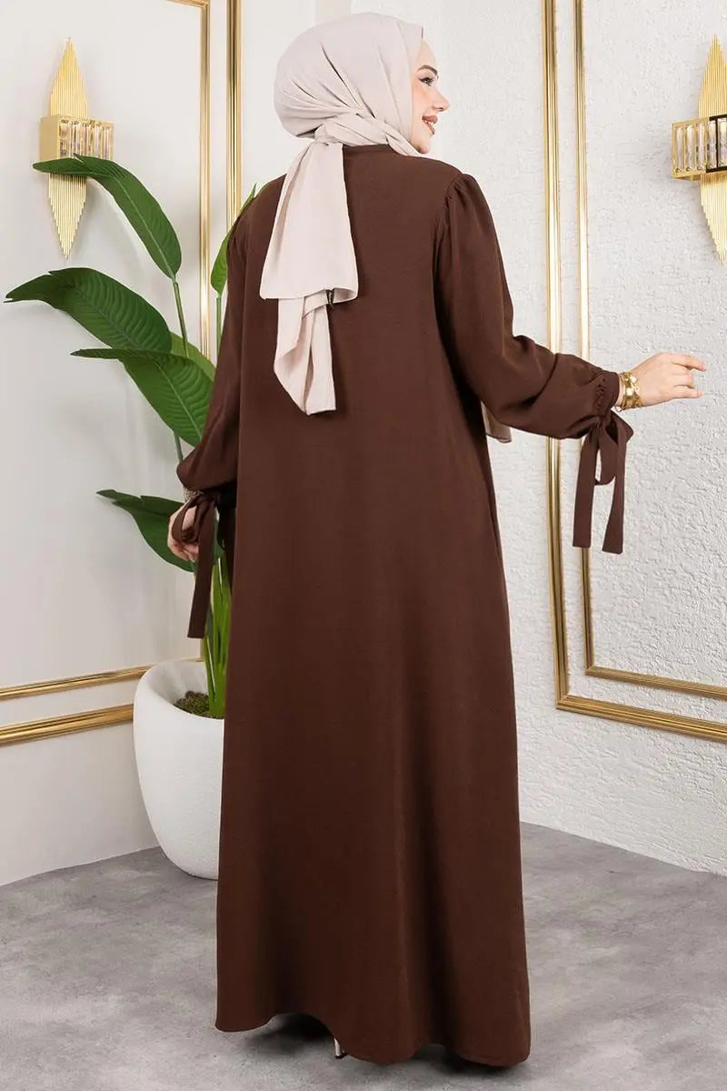 Laced Cuff Dress Abaya-Brown, view 5