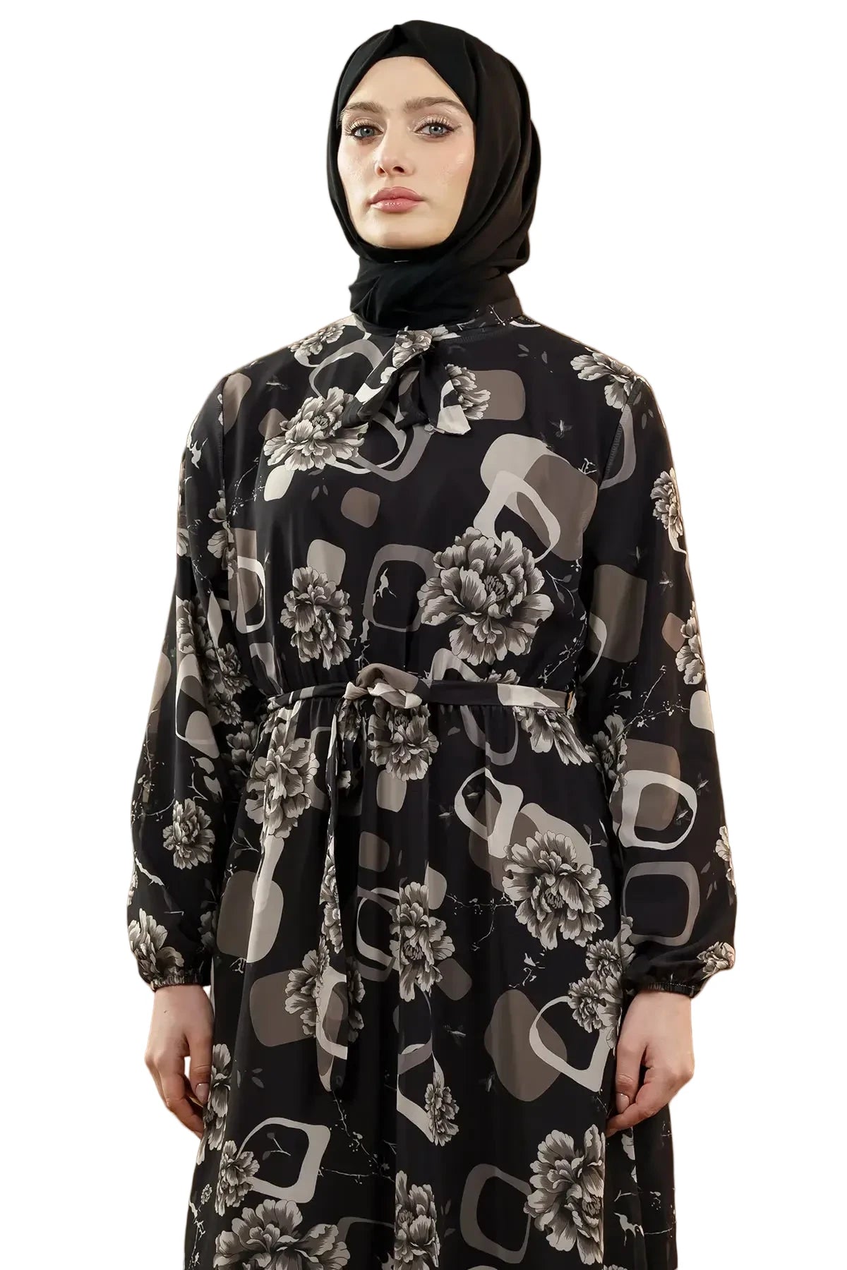 Premium Floral Chiffon Dress-Black, view 2