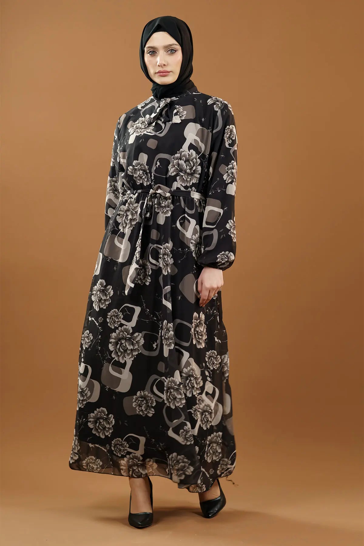 Premium Floral Chiffon Dress-Black, view 3