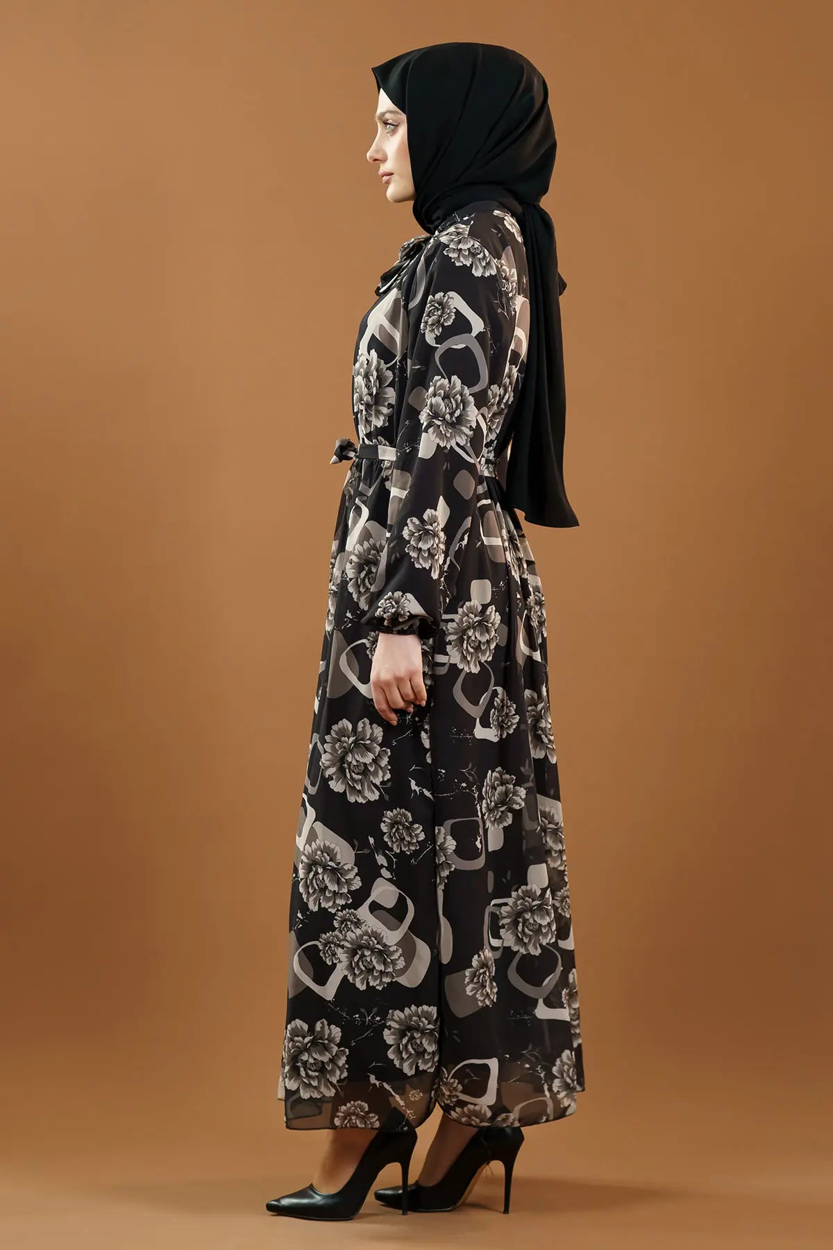Premium Floral Chiffon Dress-Black, view 4