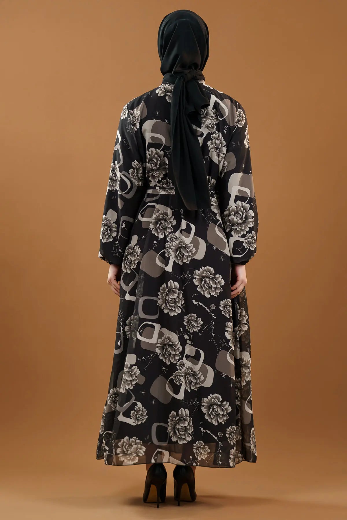 Premium Floral Chiffon Dress-Black, view 5