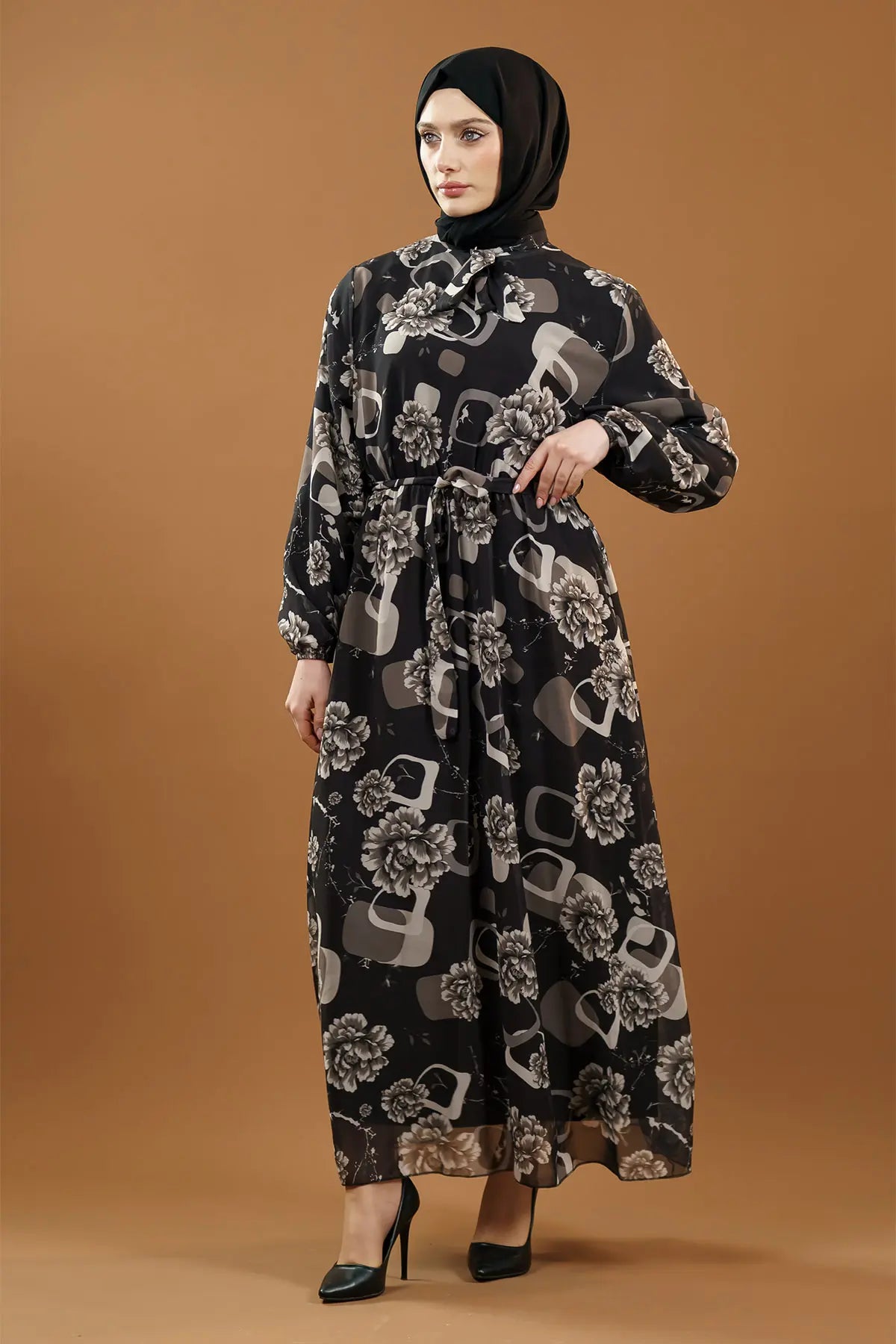 Premium Floral Chiffon Dress-Black, view 6