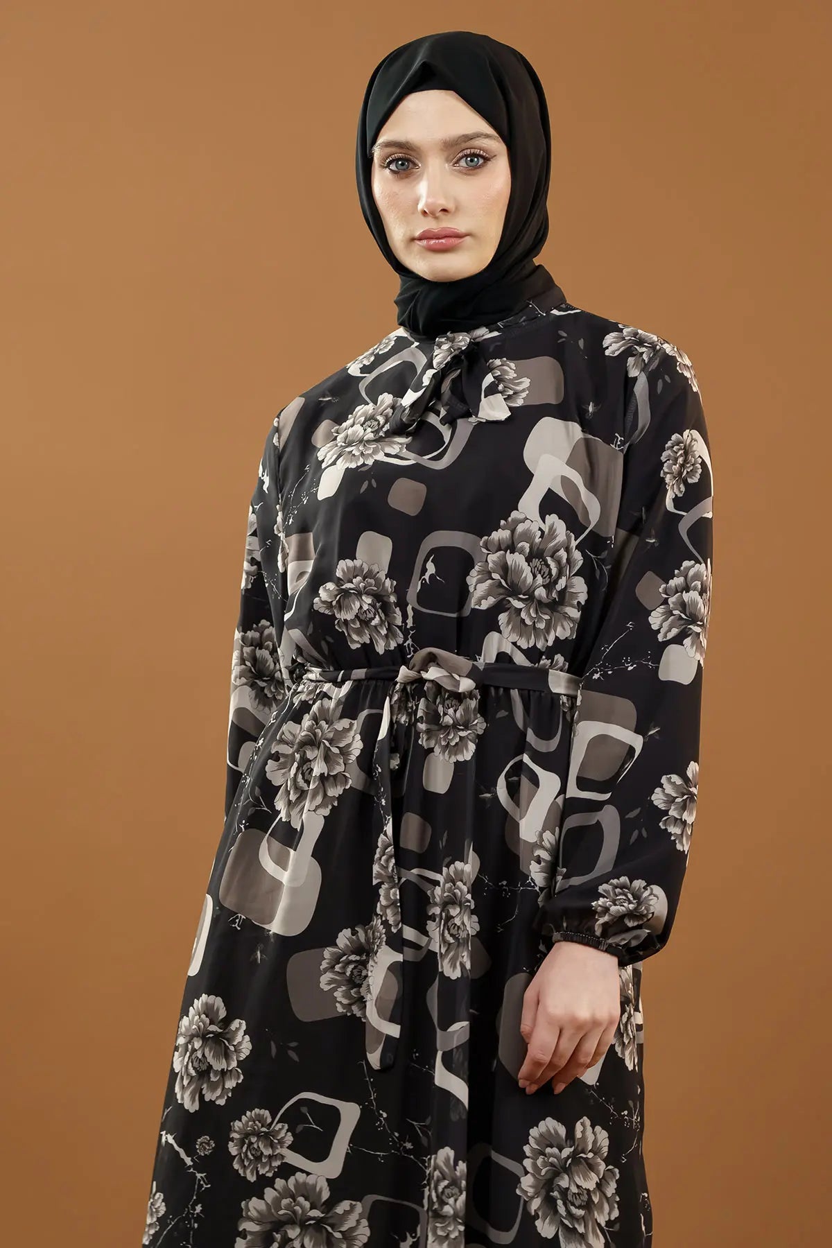 Premium Floral Chiffon Dress-Black, view 7