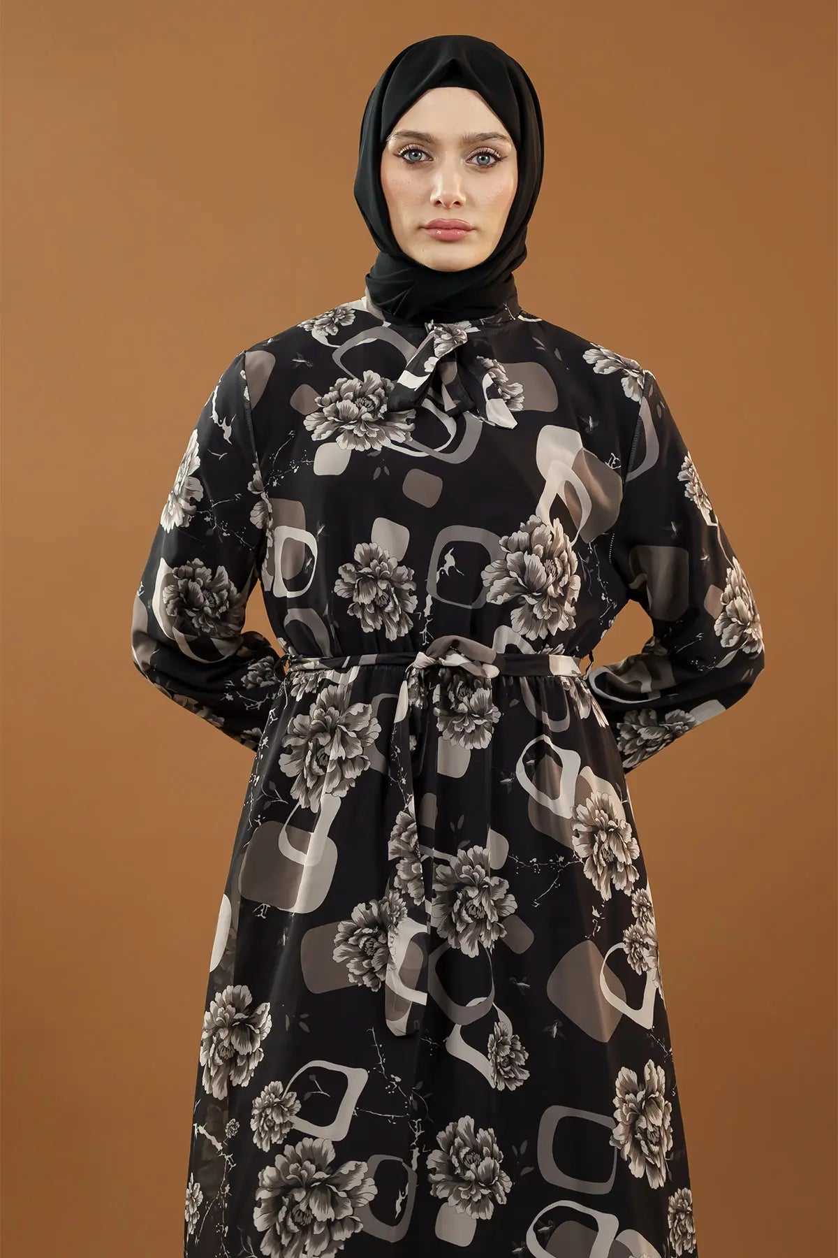 Premium Floral Chiffon Dress-Black, view 8