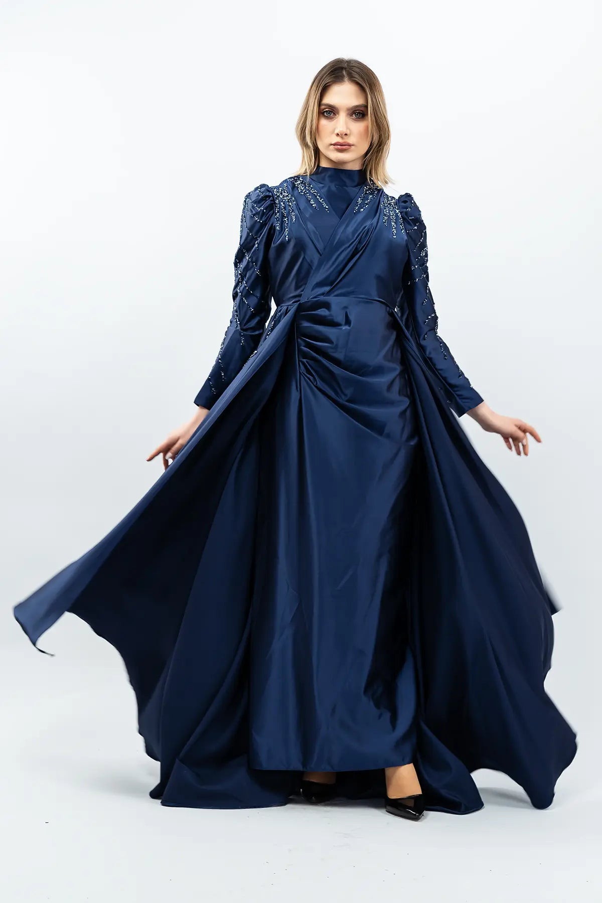 Stone Embellished Satin Evening Dress, view 2